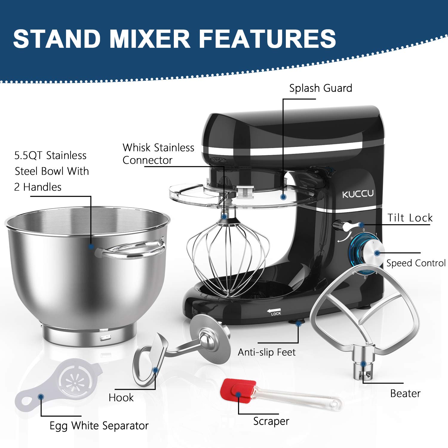 Professional 660W Stand Mixer - 6-Speed Tilt-Head Electric Kitchen Mixer with 6.5-QT Stainless Steel Bowl, Dough Hook, Whisk & Beater - Perfect for Baking Bread, Cakes, Cookies & More (Black)