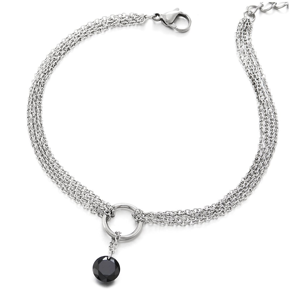 COOLSTEELANDBEYOND 8MM Stainless Steel Multi-Strand Anklet Bracelet with Dangling Charms & Black Cubic Zirconia | Adjustable Ankle Chain for Women | Perfect for Beach, Party & Everyday Wear