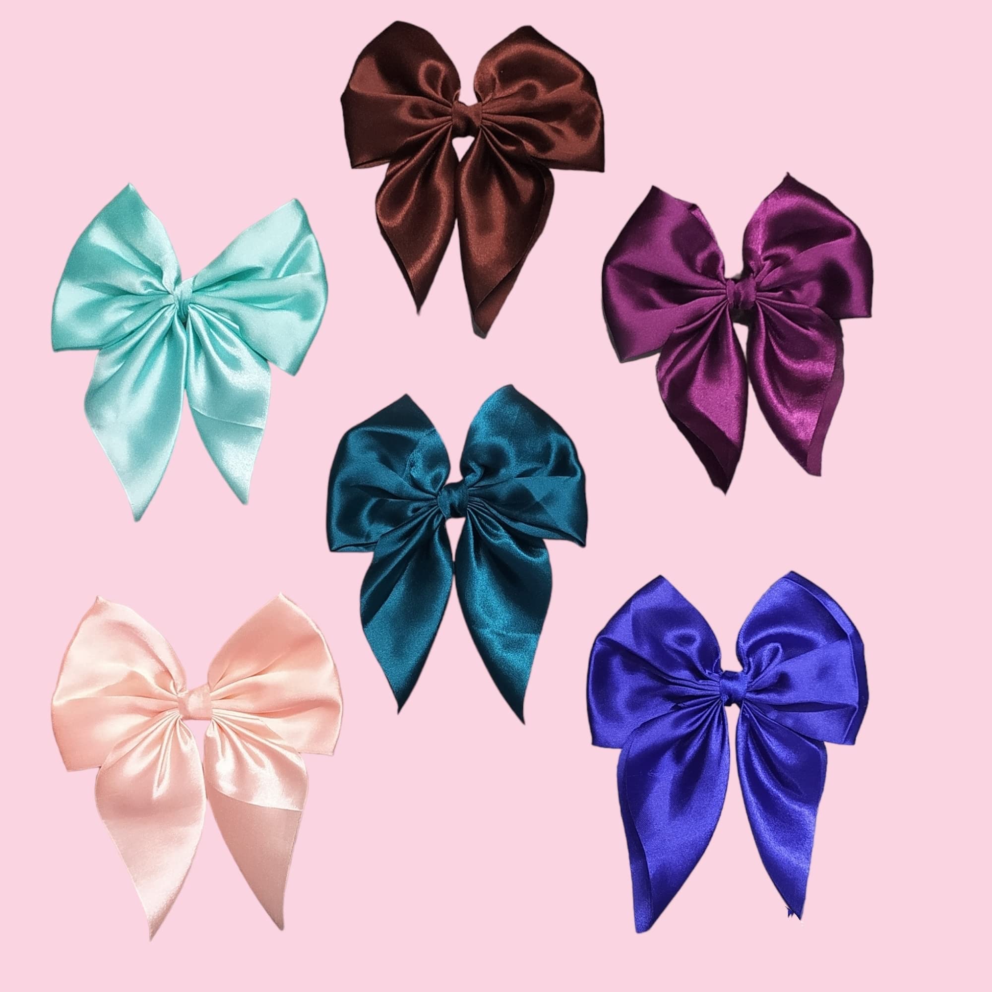 SHOI LITTLE 6-Piece Silky Satin Hair Barrettes for Women - Elegant Bow Hair Clips with Metal French Barrette, Soft Long Tail Hair Accessories in Plain Colors (Multicolor) | Perfect for Parties, Weddings & Everyday Styling