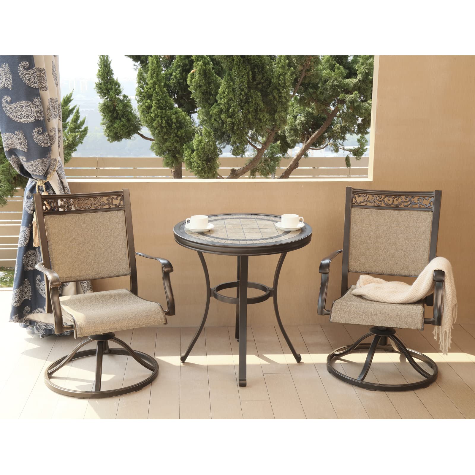 DALI 3-Piece Bistro Set with Swivel Rocker Chairs - Handmade Contemporary Round Table Outdoor Patio Furniture for Garden, Backyard, and Balcony Use