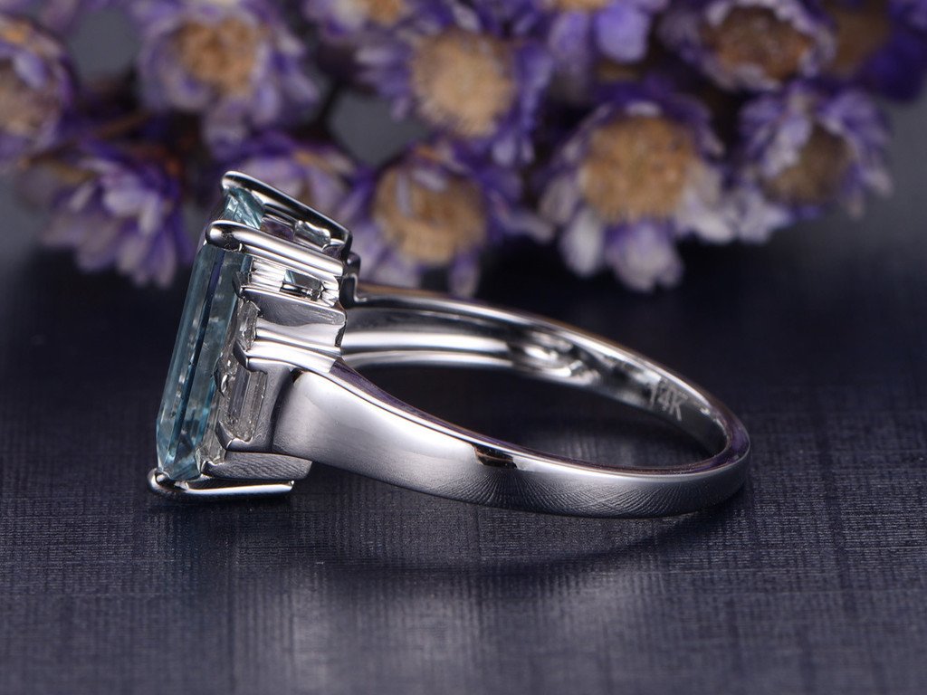Blue Aquamarine Wedding Ring Set - 6x11mm Emerald Cut Gemstone & Diamond Band in White Gold for Stacking & Bridal Jewelry