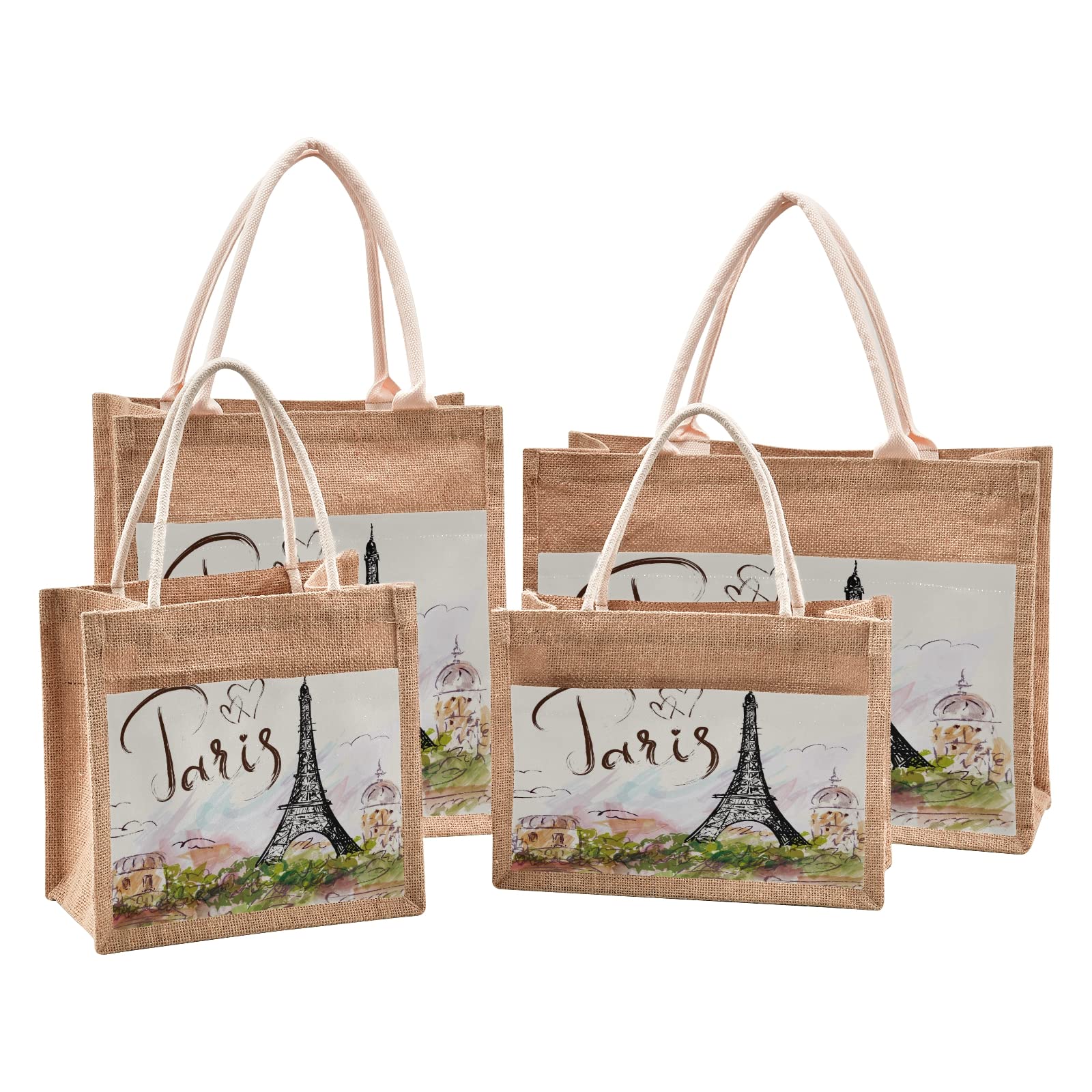 ALAZA Parisian Style Eiffel Tower Printed Jute Tote Bag for Women - Eco-Friendly Grocery Shopping & Travel Tote with Sturdy Handles (8.7