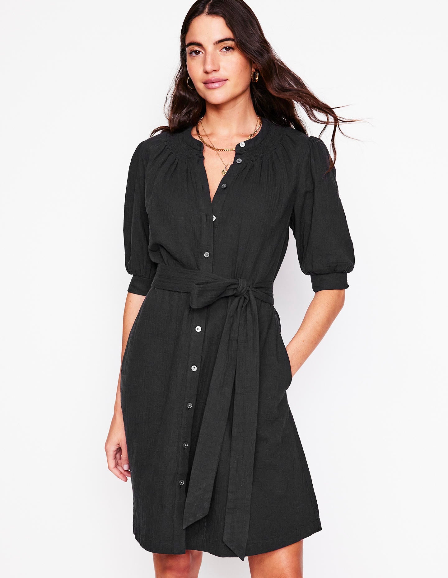 Ada Double Cloth Short Sleeve Dress for Women - Black | Casual Summer Dress for Outing, Dating & Vacation