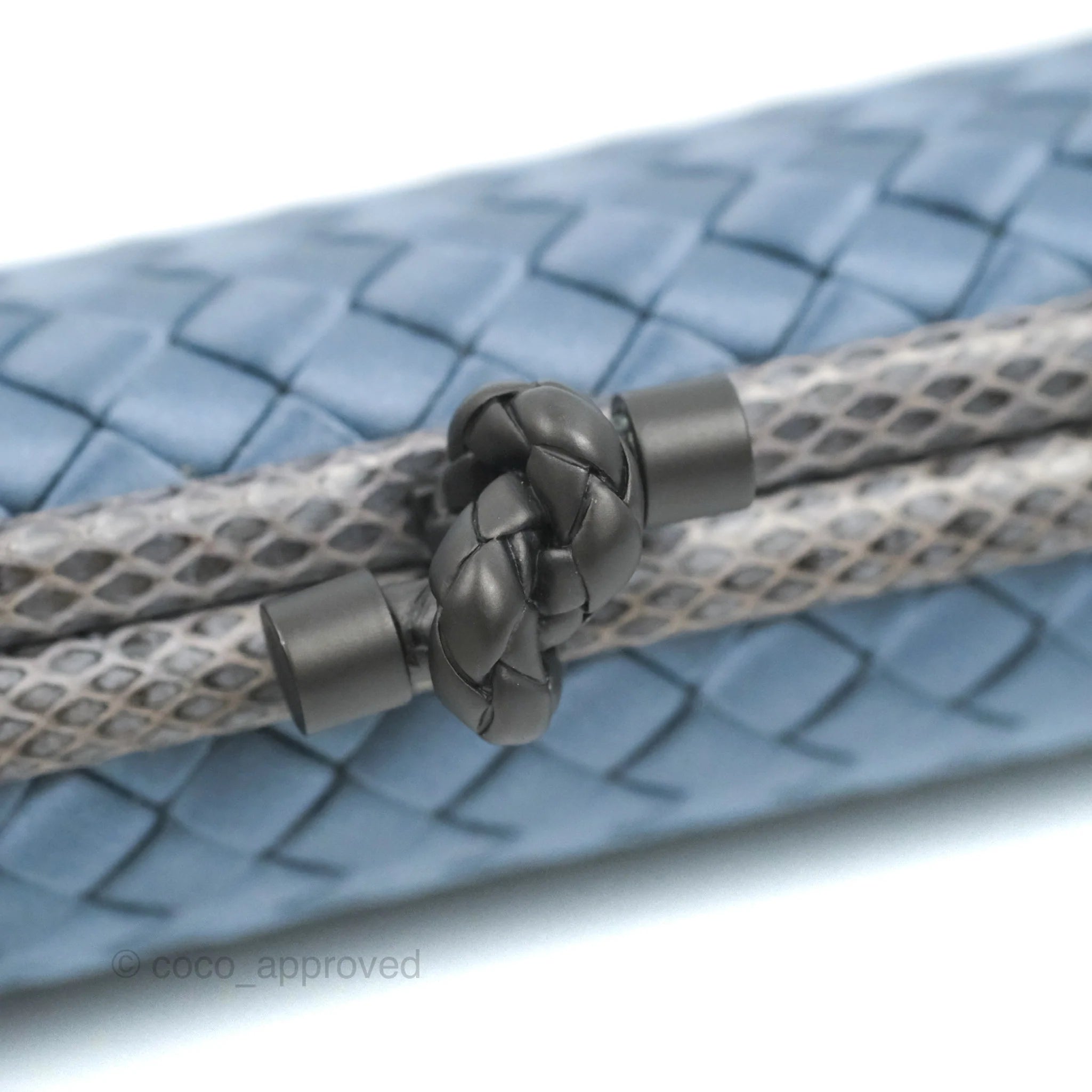 Bottega Veneta Ayers Satin Intreccio Stretch Knot Clutch Bag in Navy Blue | Luxury Evening Clutch for Women | Perfect for Parties, Weddings & Special Occasions