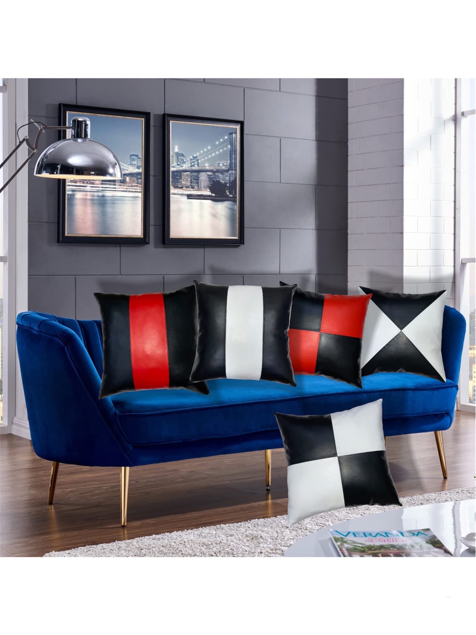 LEATHER FARM Black & Red Chess Lambskin Leather Cushion Pillow Cover - 20x20 Inches (Set of 2) - Luxury Home Decor for Sofa, Bed & Office - Perfect for Living Room, Bedroom & Study