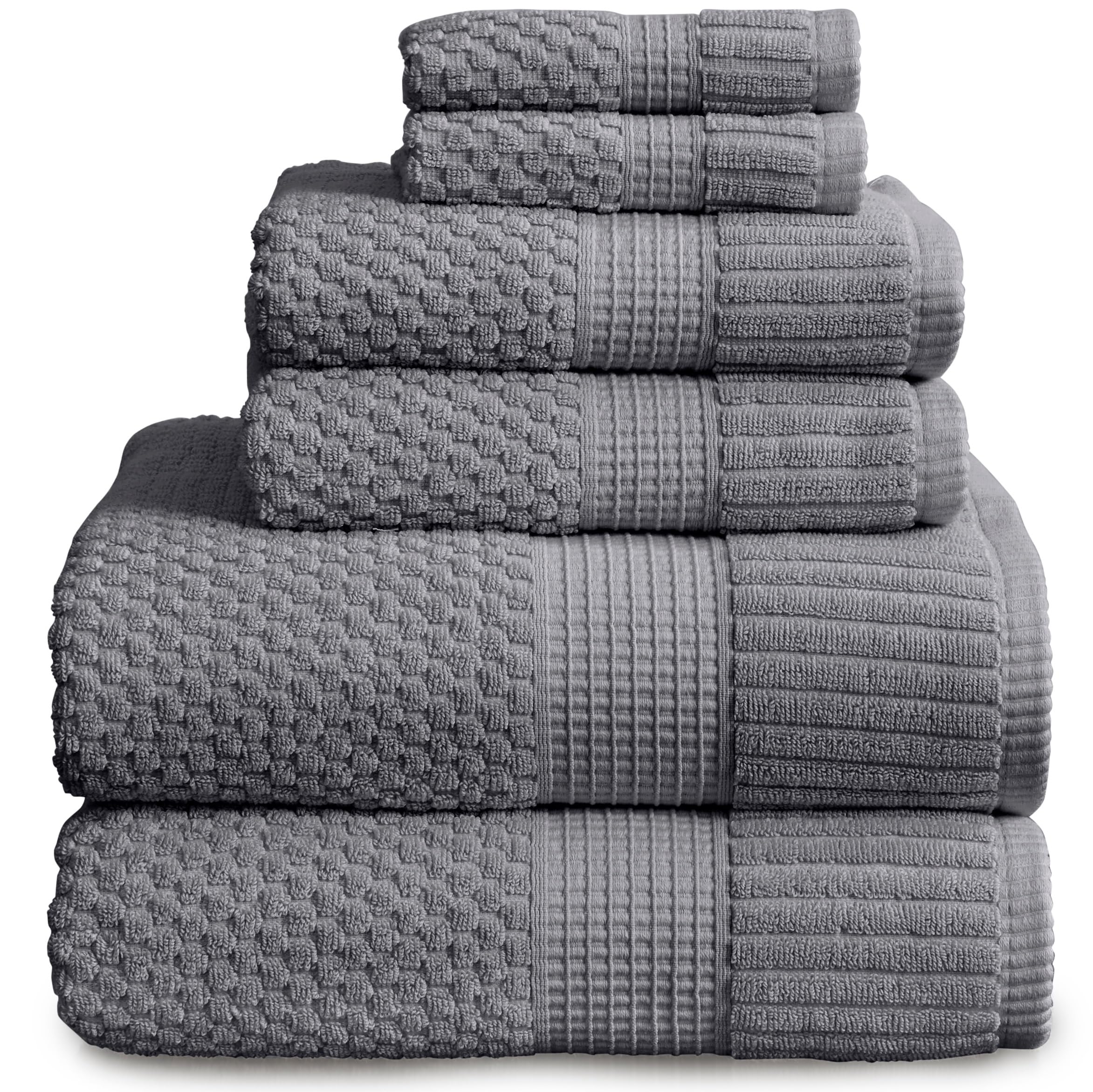NY Loft 100% Cotton 6-Piece Towel Set - Super Soft, Quick-Dry & Highly Absorbent | Includes 2 Bath Towels, 2 Hand Towels & 2 Washcloths | Textured & Durable for Everyday Use | Perfect for Bathroom, Spa & Guest Rooms (Trinity Collection, Charcoal Grey)