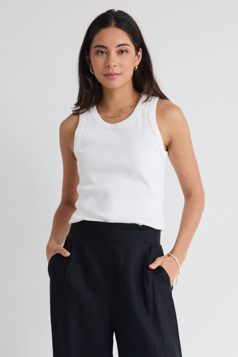 Cobble Ivory Rib Cutaway Tank Top for Women - Soft Breathable Summer Casual Wear - Perfect for Beach, Gym, and Everyday Outfits