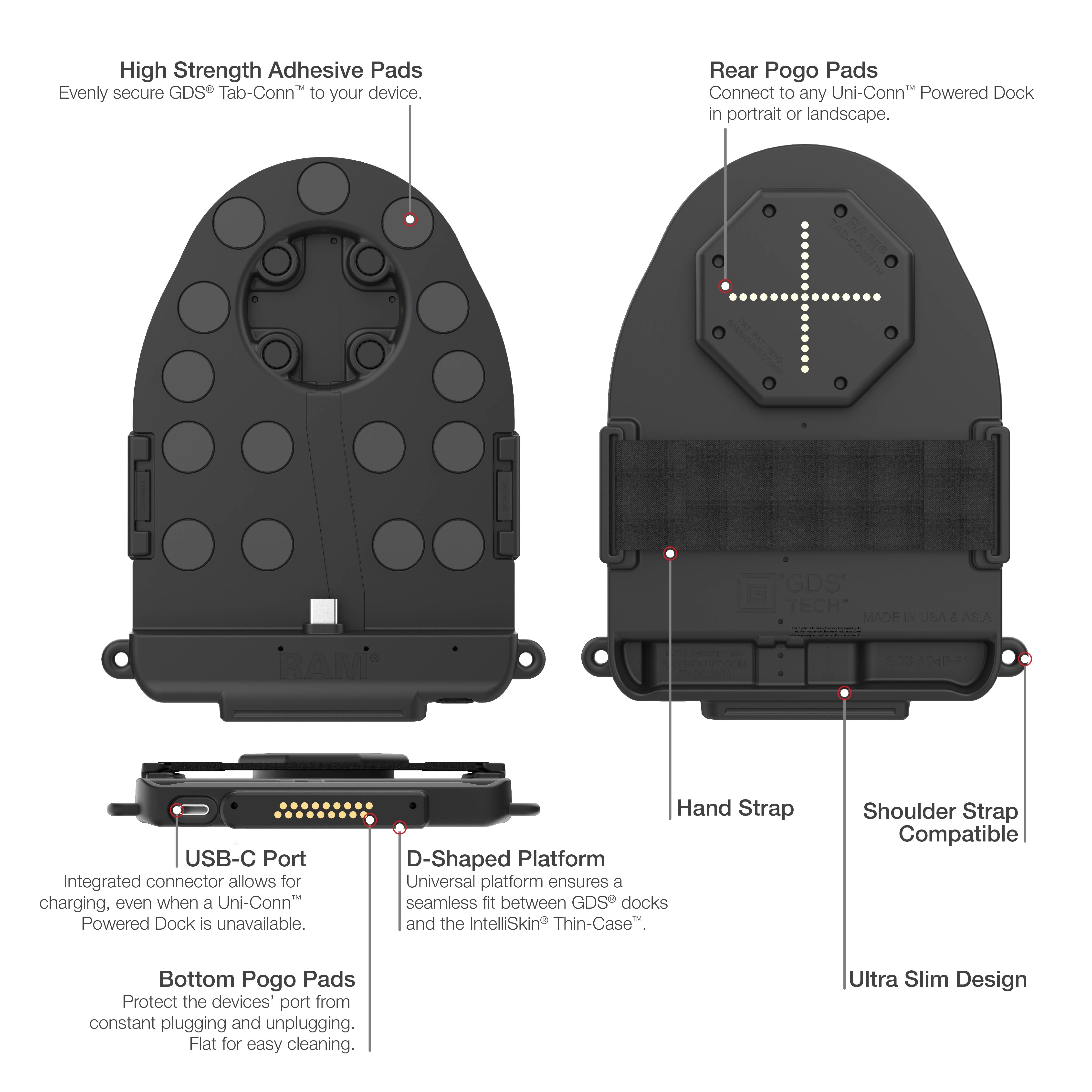GDS® Tab Conn™ Adapter for OtterBox Defender Cases - D-Shape & Rear Pogo Pads - RAM GDS TABC OTD1DB - Perfect for Tablet Mounting in Vehicles, Workstations & Industrial Settings
