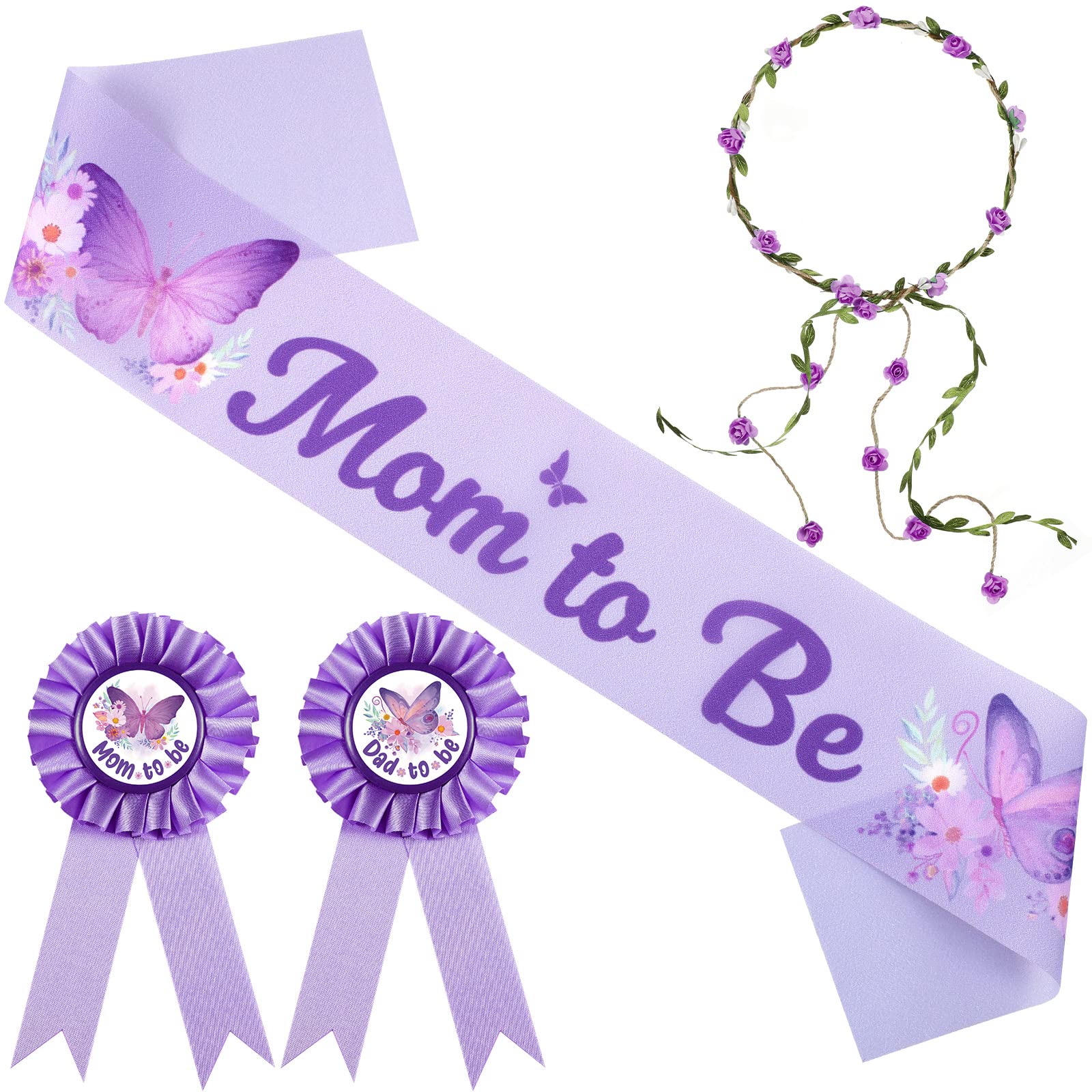 Butterfly Theme Baby Shower Set - Mom to Be Sash, Dad to Be Pin & Floral Crown for Gender Reveal Party, Pregnancy Photo Props, Baby Shower Decorations (Purple) - Perfect for Gender Reveal Parties, Baby Showers & Maternity Photoshoots