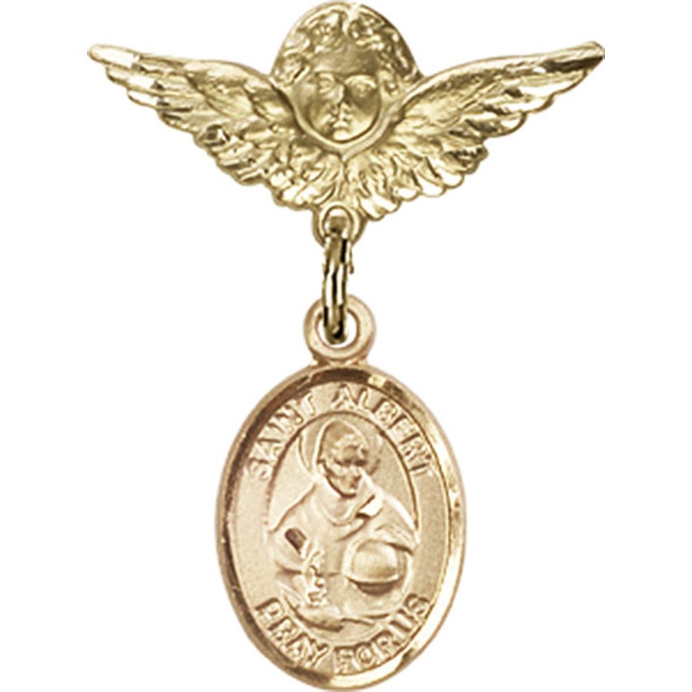 Gold Filled Baby Badge Pin with St. Albert The Great Charm & Angel Wing Charm - 1 X 3/4 Inches - Perfect for Baptism Gifts, Christening Jewelry & Baby Keepsakes