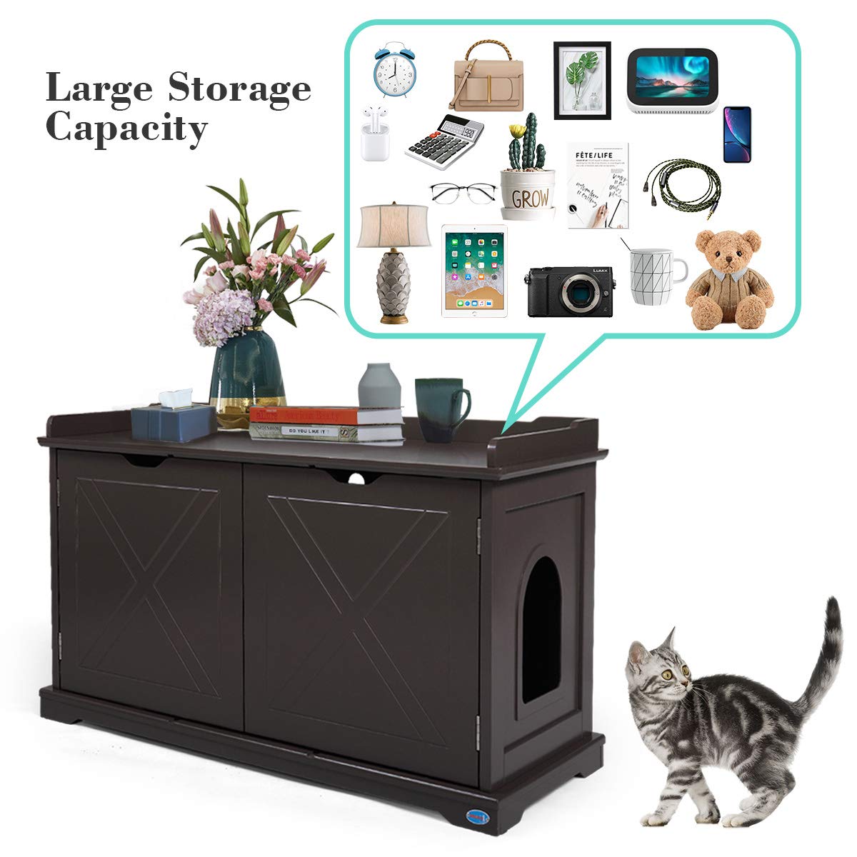 Multifunctional Wooden Cat Litter Box Furniture - Hidden Washroom Storage Bench Cabinet with Removable Panel & Spacious Interior (Brown) - Perfect for Small Spaces & Home Décor