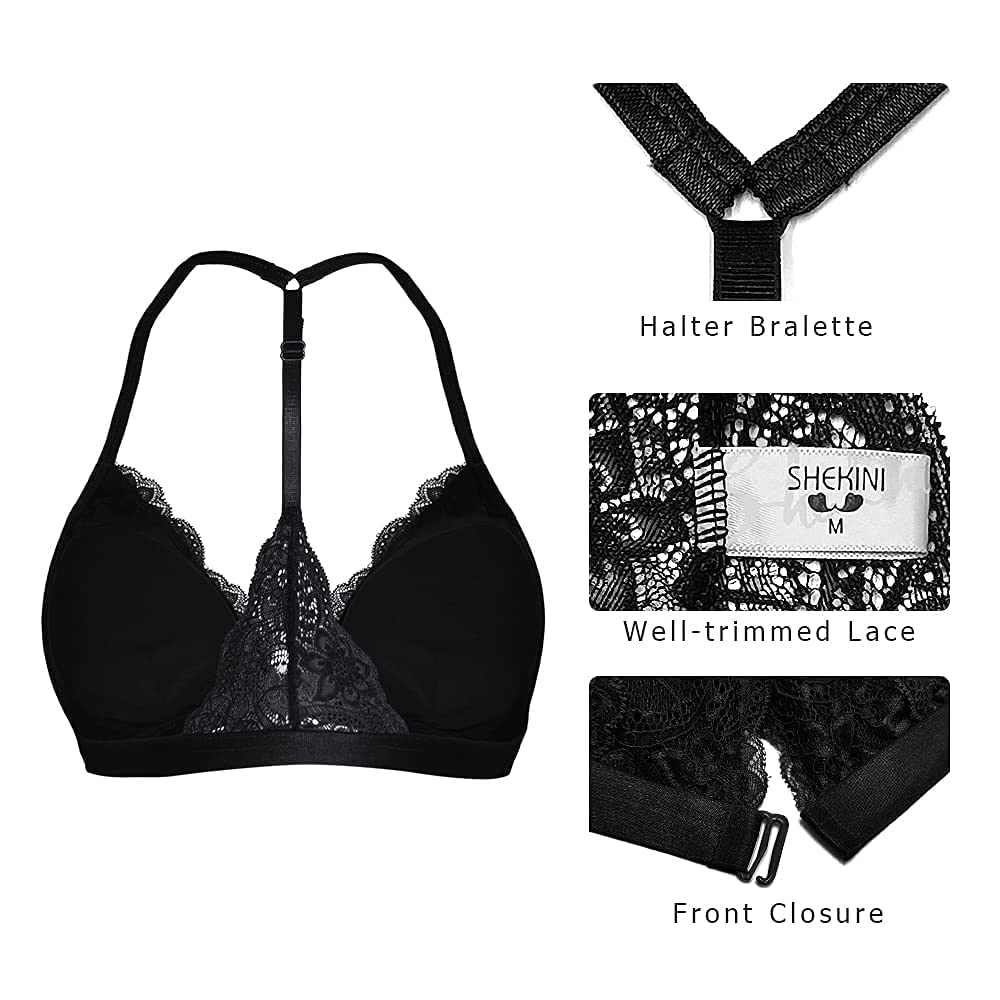 SHEKINI Women's Lace Wireless Bra - Front Closure Triangle Bralette with Padding, Comfortable Halter Bras for Everyday Wear & Special Occasions