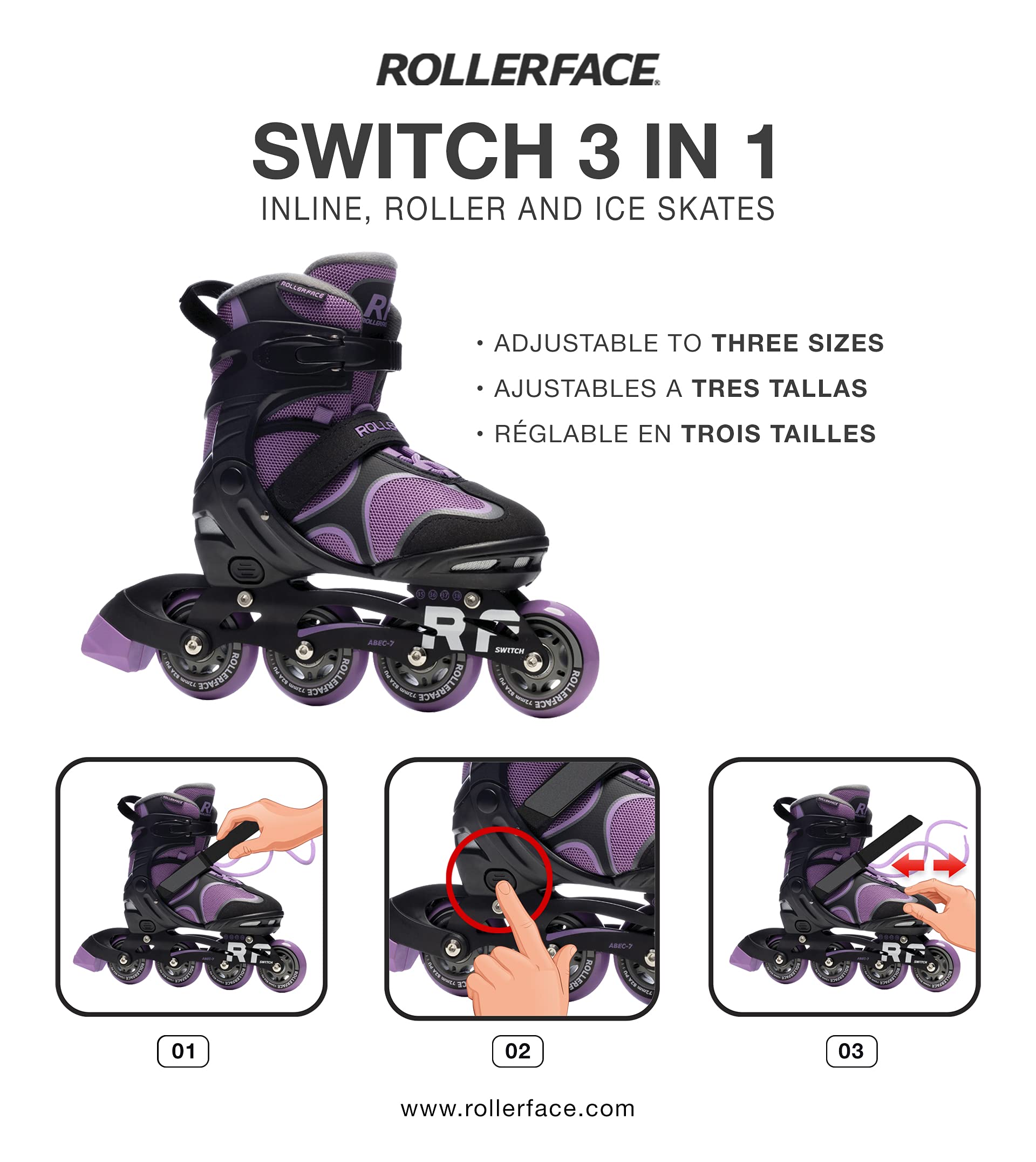 Rollerface Switch 3-in-1 Adjustable Skates for Kids & Adults - Convertible Inline Skates, Roller Skates & Ice Skates (Fits 3 Sizes) - Perfect for Sports, Outdoor Fun & Recreation Activities