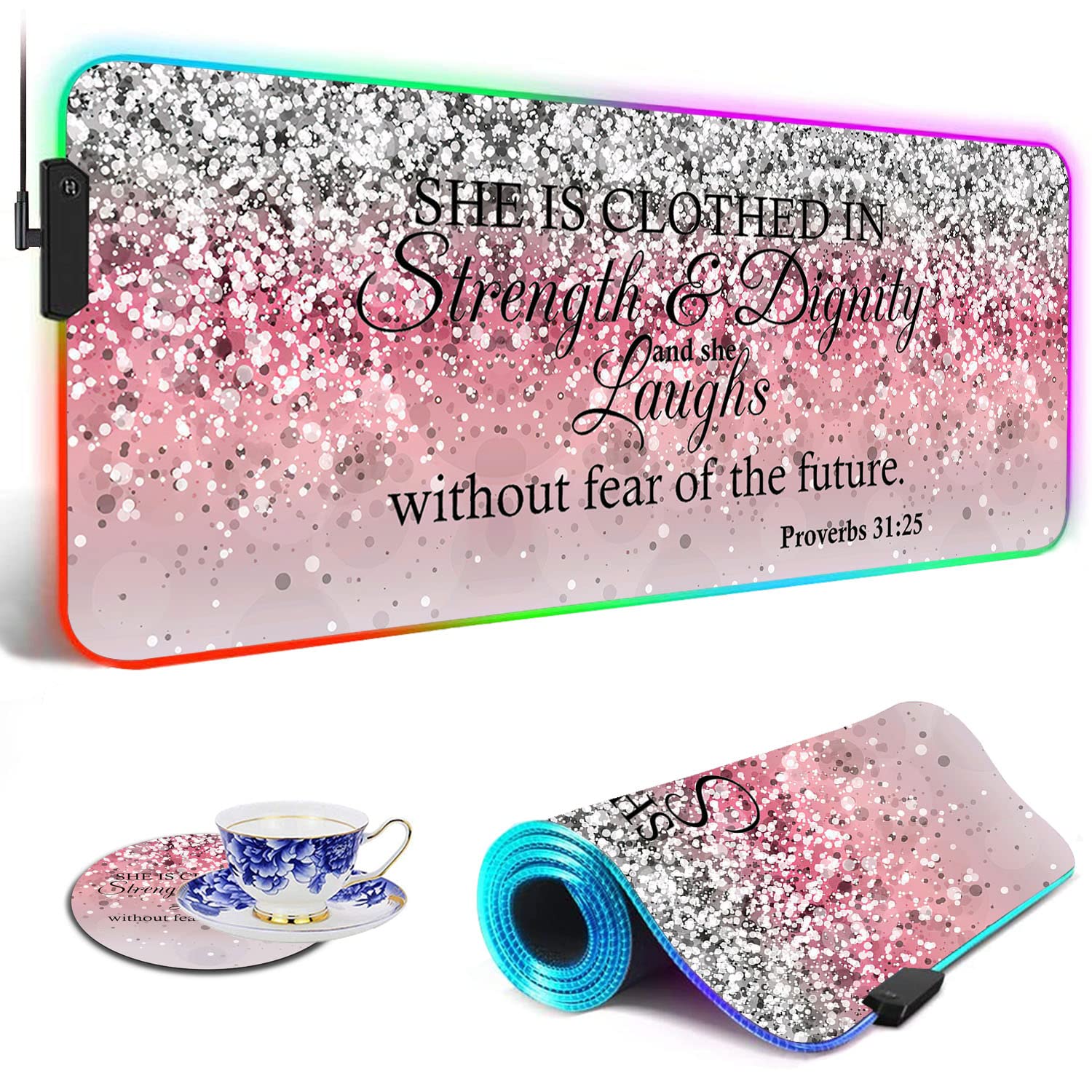 RGB LED Gaming Mouse Pad with Non-Slip Base - Large Extended Keyboard & Mouse Desk Mat with Pink Sparkle Glitter Design & Proverbs 31:25 Bible Verse - Perfect for PC Gaming Setup, Office Work & Home Decor