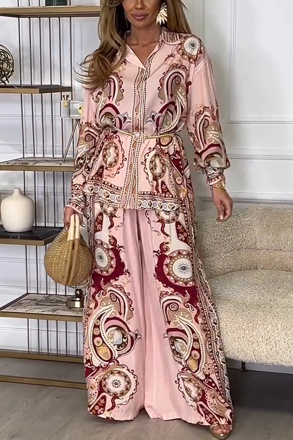 Stylish Print Lapel Long Sleeve Tie Waist Blouse & Elastic Waist Pocket Wide Leg Pants Outfit Set | Women's Fashion Two-Piece Ensemble for Office, Casual Wear & Special Occasions