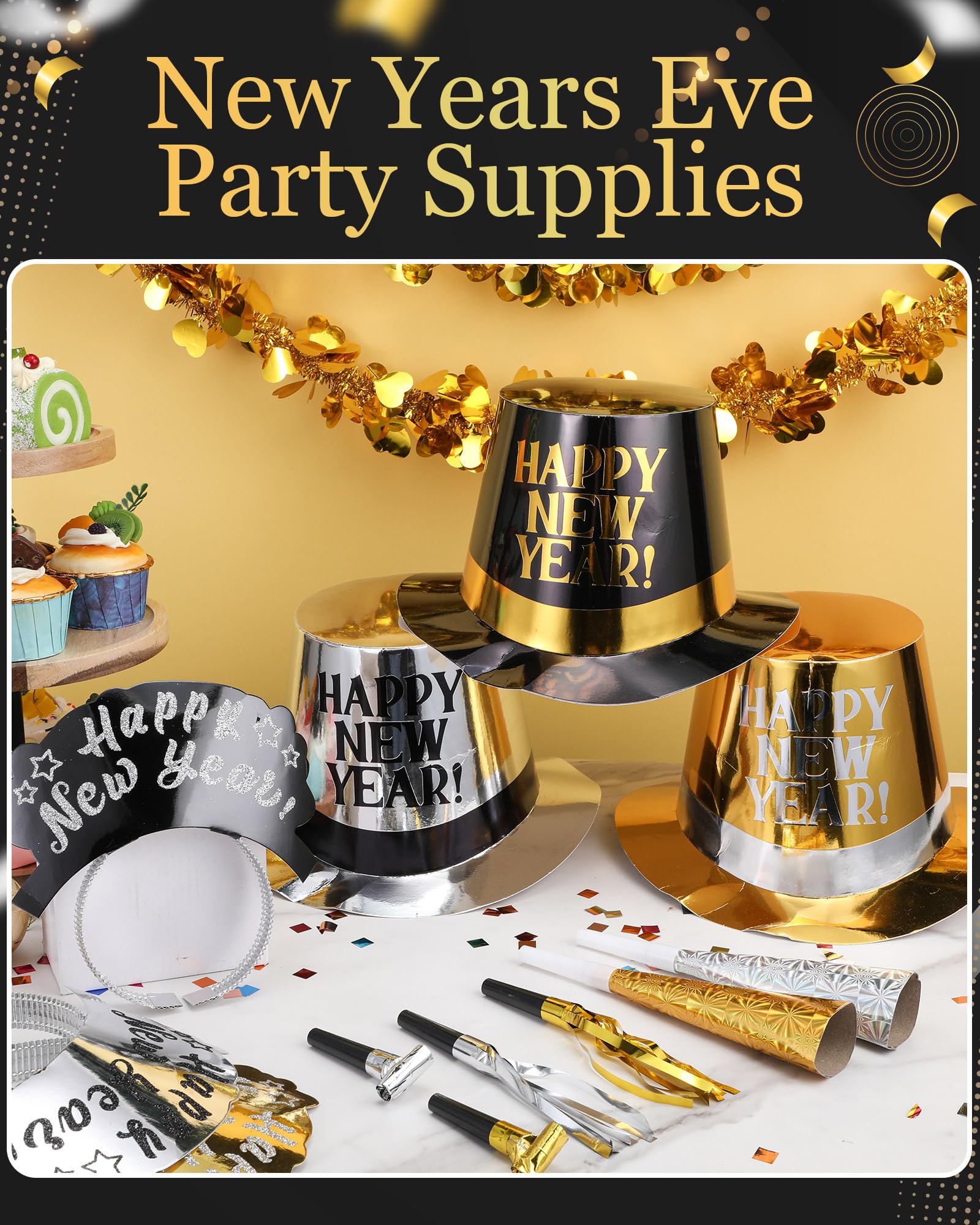 Syhood 200 Pcs New Year's Eve Party Kit 2025 - Top Hat, Headband, Tiaras & Horn Blowouts for 100 Guests | NYE Celebration, Countdown Party, Ball Drop Event Supplies
