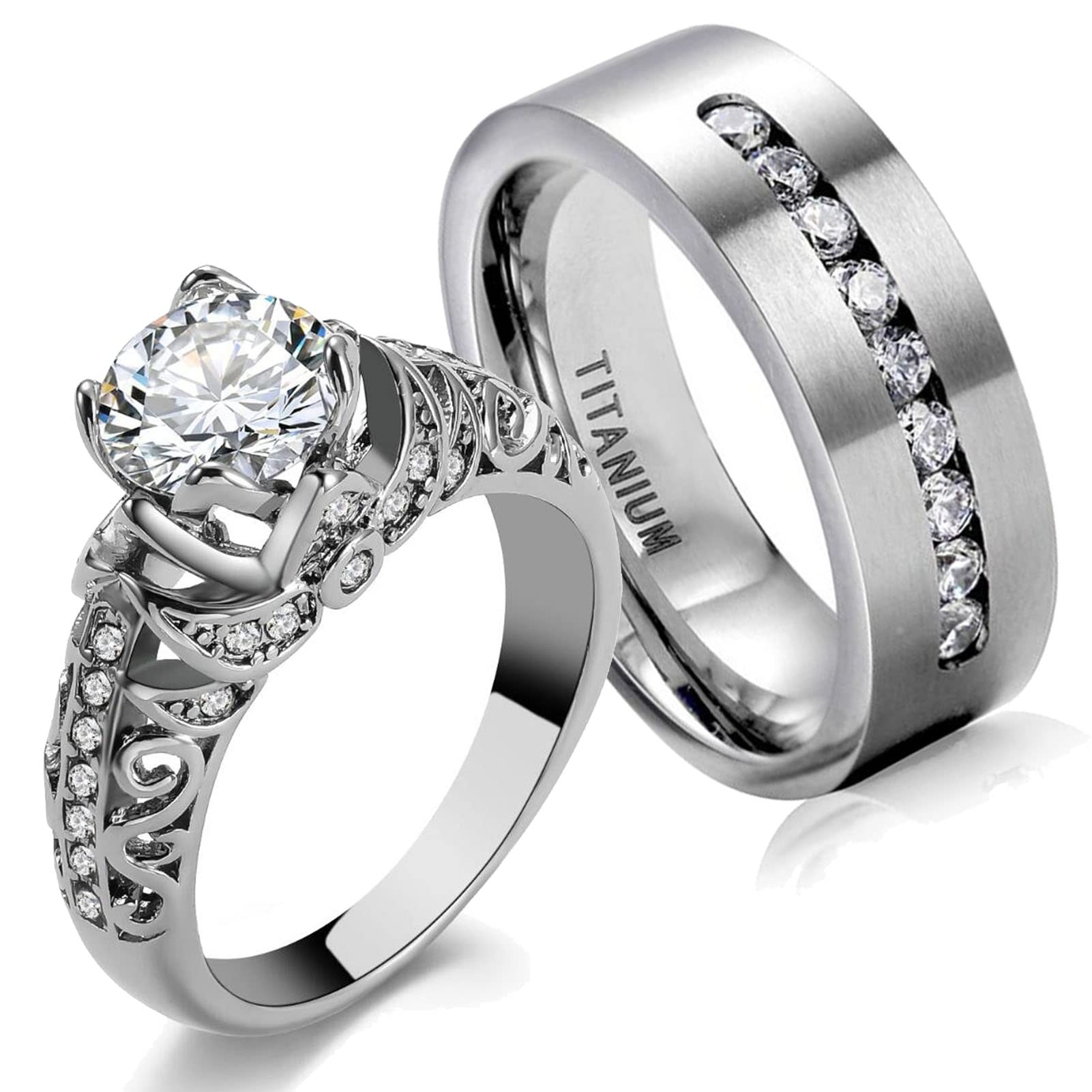 Matching Couple Rings for Wedding - His & Hers CZ Rings for Everyday Wear