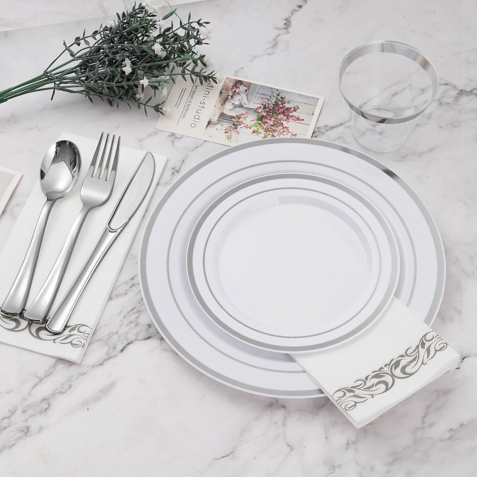 700-Piece Silver Plastic Dinnerware Set for 100 Guests - Includes 100 Dinner Plates, Dessert Plates, Silverware Sets, Cups & Napkins - Elegant Disposable Tableware for Weddings, Parties & Events