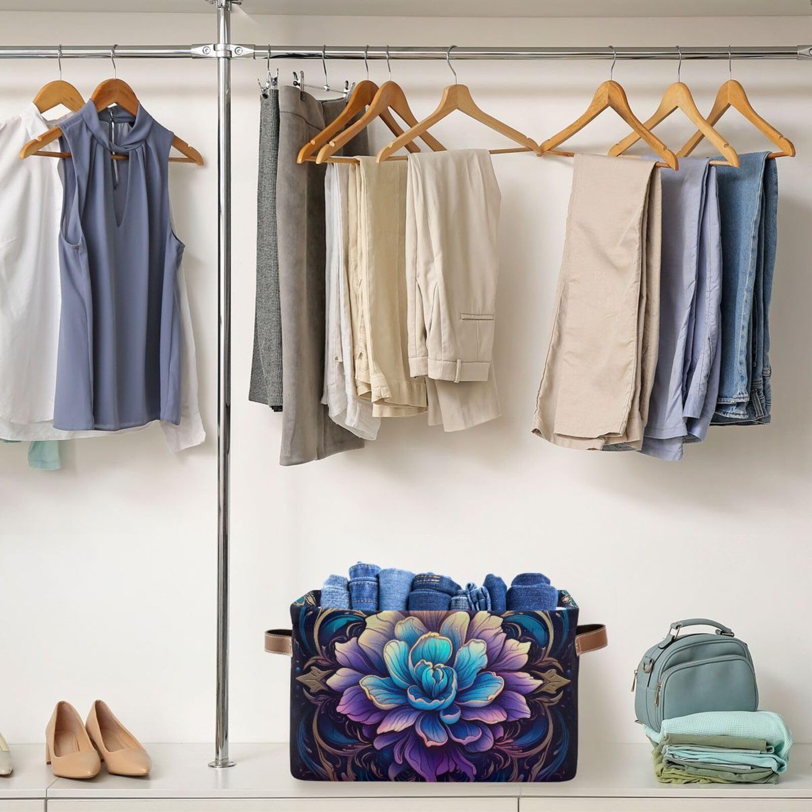 Blue Mandala Foldable Storage Baskets - 2 Pack Rectangle Canvas Fabric Organizer Boxes with Handles for Home, Office, Closet & Shelves | Perfect for Clothes, Toys & Home Decor Organization