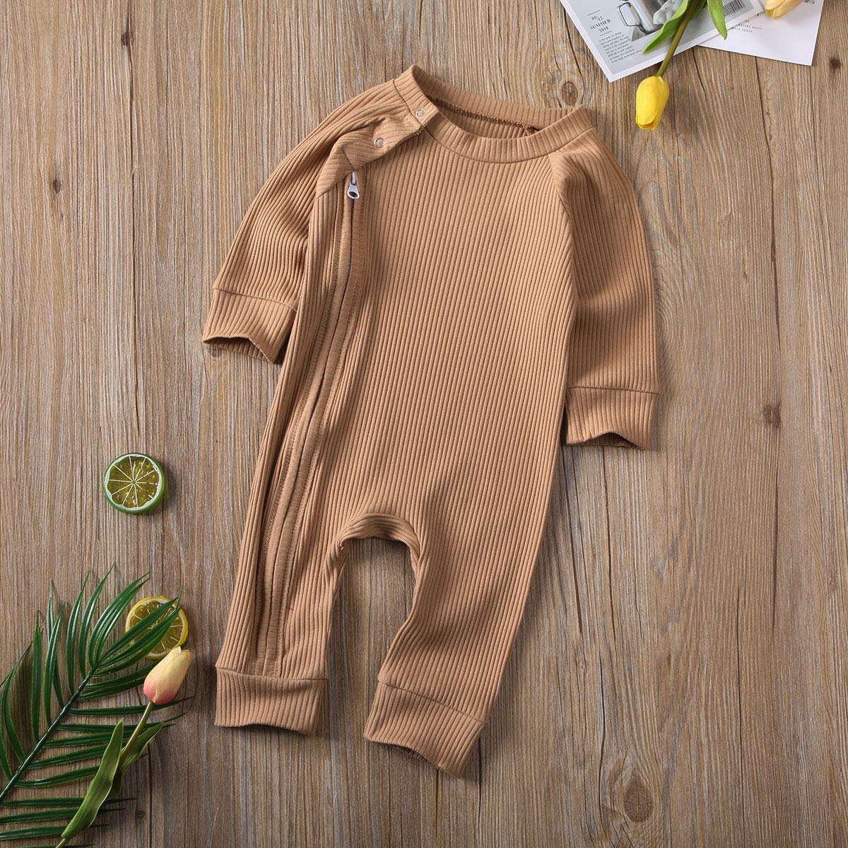 Newborn Baby Girl & Boy Ribbed Ruffle Footed Romper Onesie - Soft Zipper Jumpsuit for Fall & Winter | Cozy One-Piece Outfit for Infants, Sleepwear & Playtime