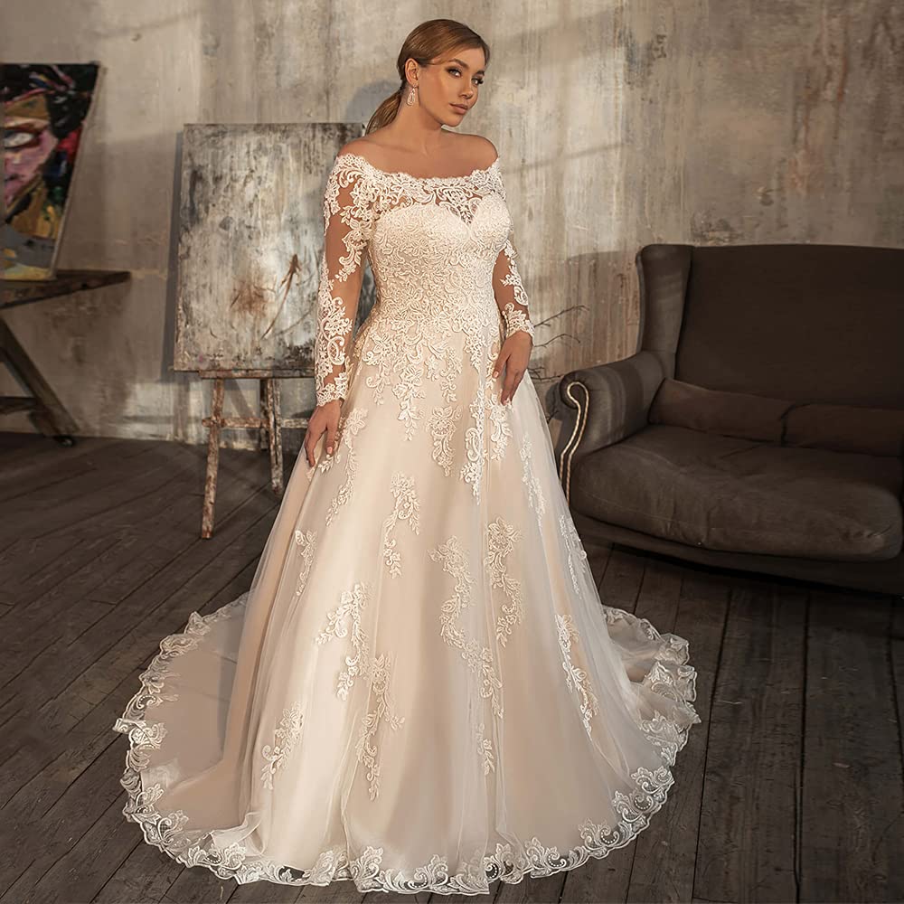 XYAYE Long Sleeve Lace Wedding Dress for Bride - Off Shoulder Puffy Tulle Bridal Gown with Elegant Embroidery | Perfect for Church Ceremony, Beach Wedding & Romantic Photoshoot