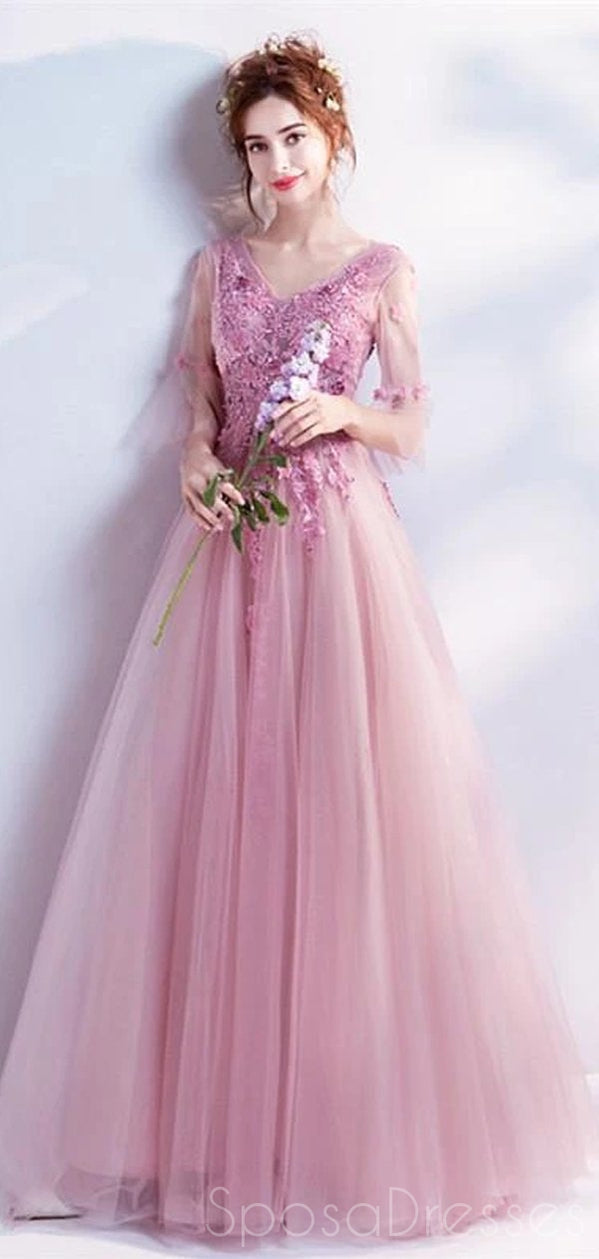 Elegant A-Line Applique V-Neck Long Sleeve Prom Dress for Sweet 16 | Formal Evening Gown for Homecoming, Quinceañera & Special Occasions | Style 12472