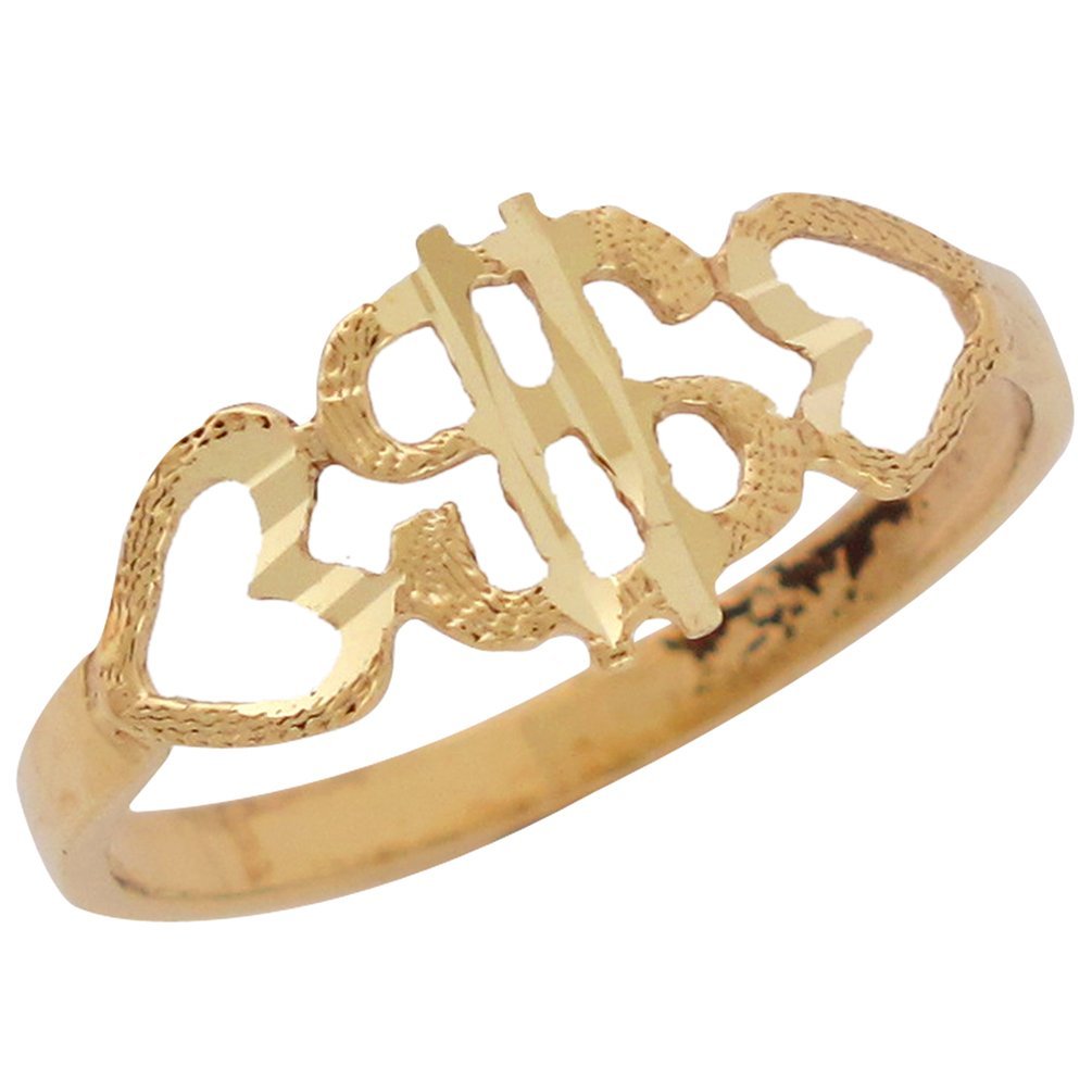 14K Yellow Gold Diamond-Cut Money Dollar Sign with Hearts Ring for Women - Elegant Jewelry for Parties, Gifts & Special Occasions