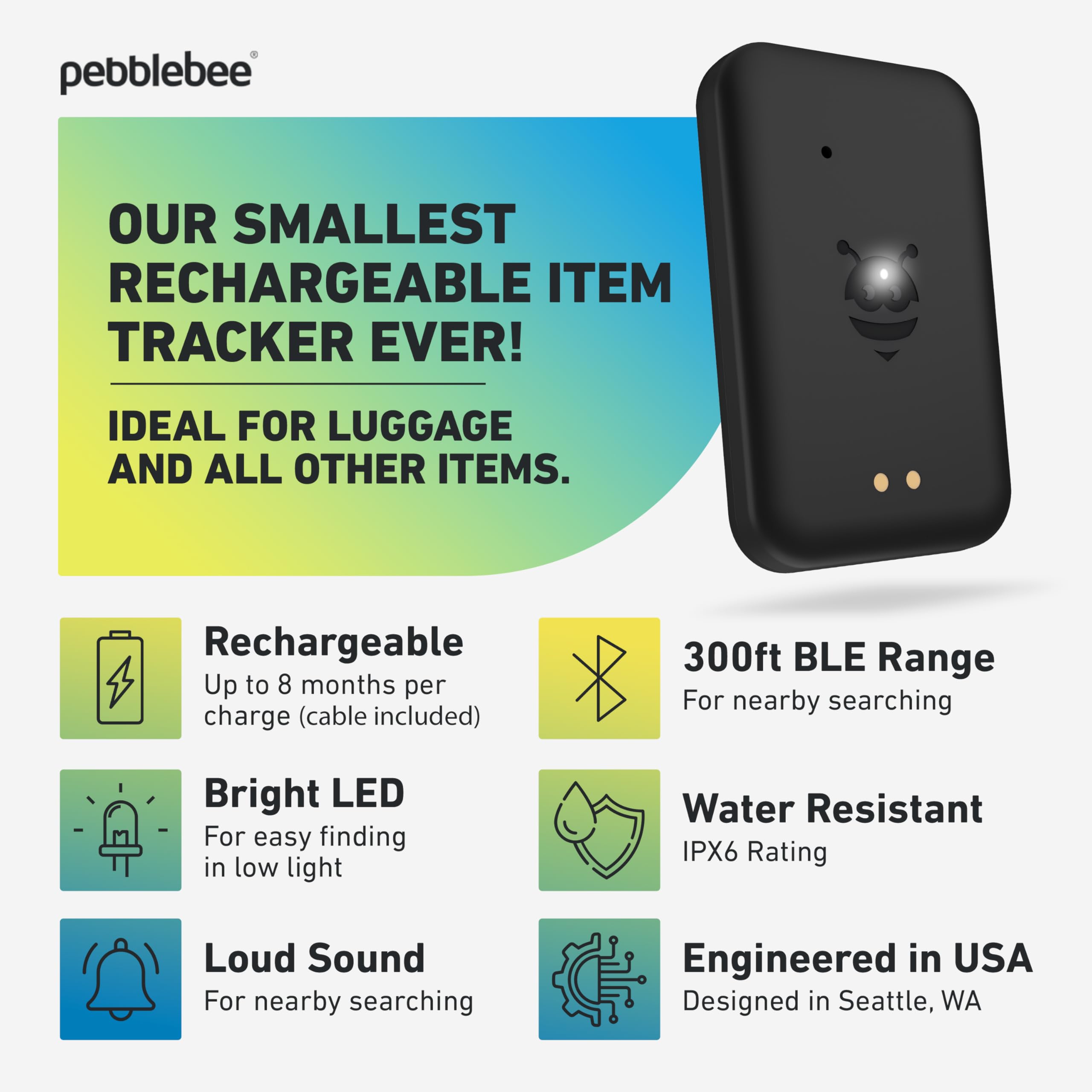 Pebblebee Tracker - Rechargeable Mini Bluetooth Item Finder for Keys, Wallets & Luggage | 8-Month Battery Life | Works with iOS Find My & Android Smartphones | LED Light & Sound Alerts | Perfect for Travel, Office & Daily Essentials Tracking