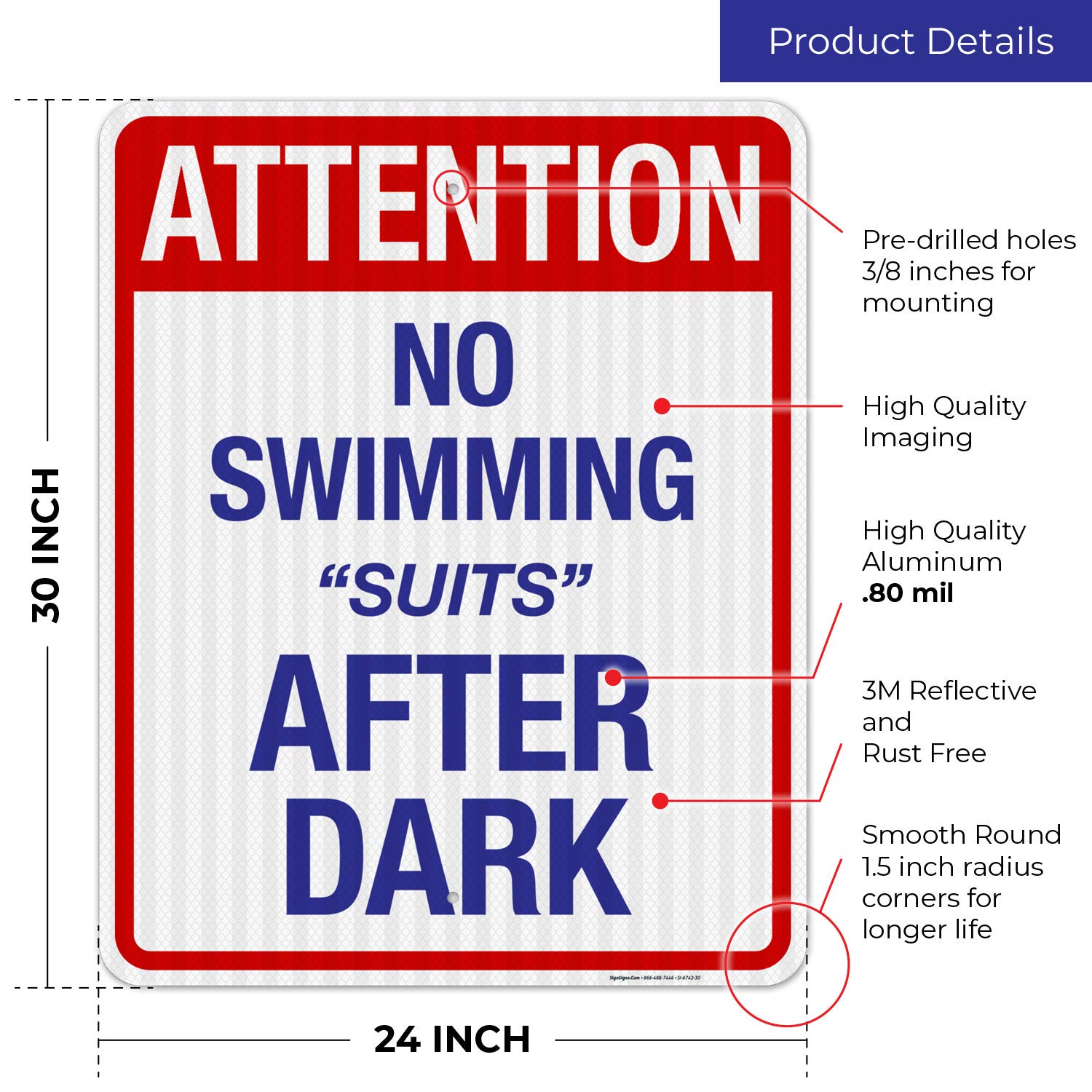 No Swimming After Dark Sign - 24x30 Inches Reflective Aluminum Pool Safety Sign, Fade Resistant & Weatherproof, Made in USA - Perfect for Backyard Pools, Community Pools & Water Parks