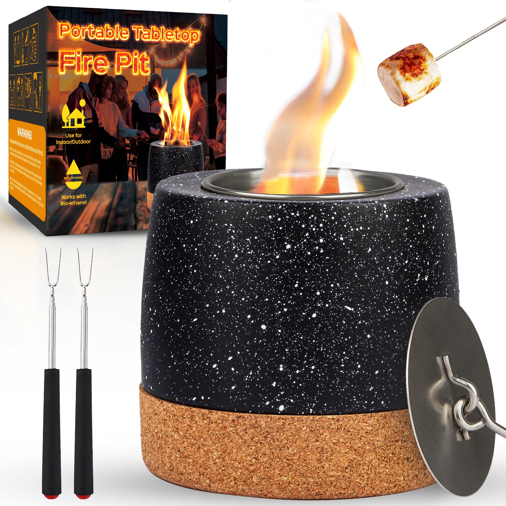 Round Concrete Smokeless Tabletop Fire Pit - Indoor & Outdoor Smores Maker Kit for Backyard, Patio, Camping - Perfect Gift for Women, Mom, Wedding, Housewarming, Christmas, Birthday, White Elephant