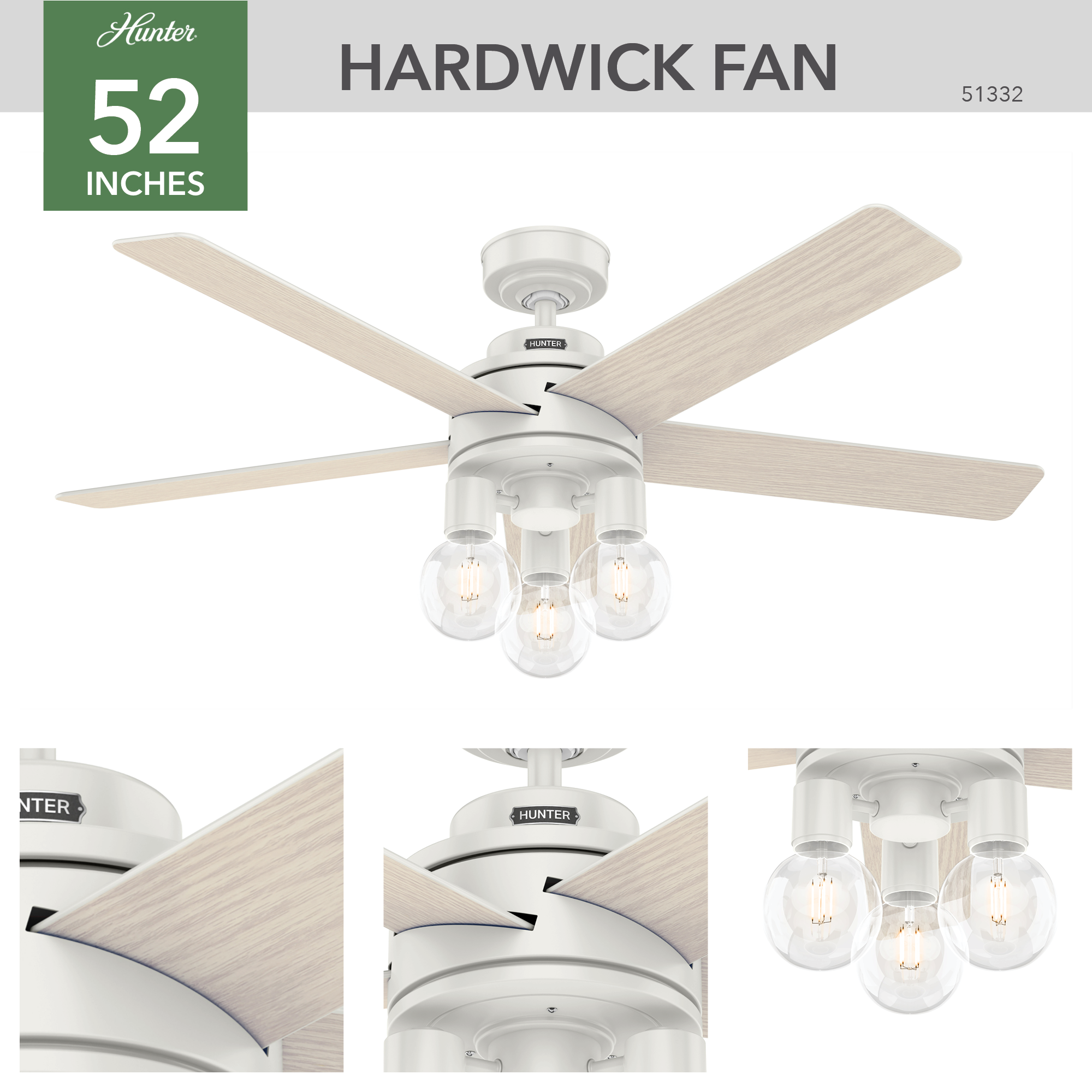 Hunter Hardwick 52 Inch White Ceiling Fan with LED Light Kit - Modern Indoor Cooling for Living Room, Bedroom & Office