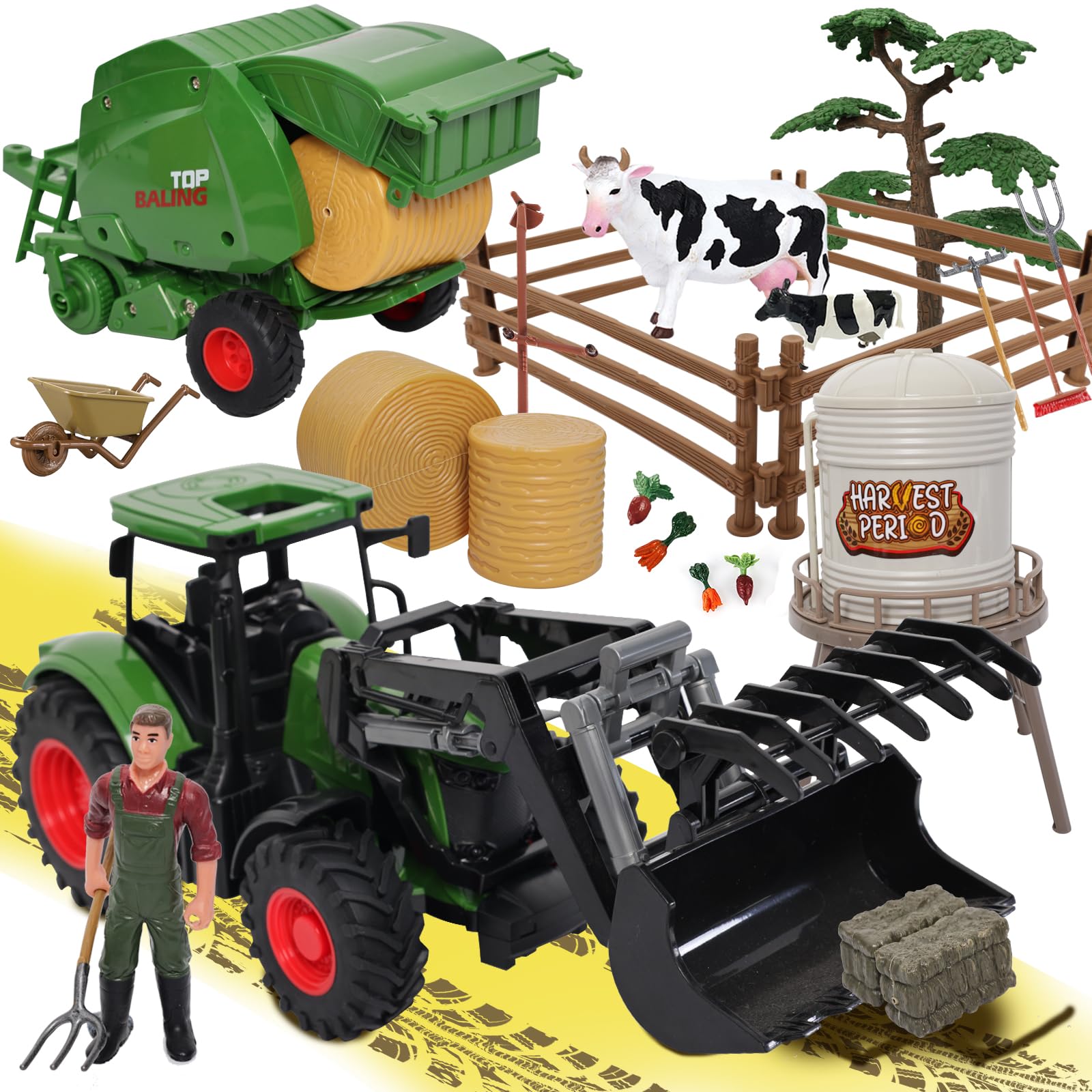 Farm Tractor Toys Set with Round Baler, Barn, Farmer & Animals - Educational Farm Playset for Kids Ages 3-7 | Pretend Play, Learning & Gift for Toddler Boys & Girls | Perfect for Birthday, Christmas & Farm-Themed Playtime