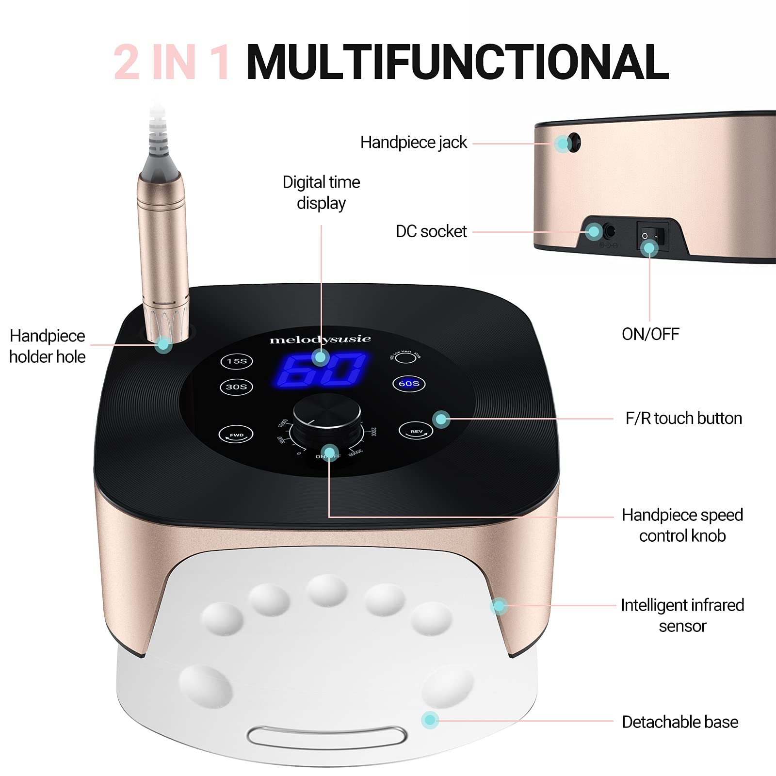 MelodySusie XC320C Professional 2-in-1 Nail Drill & UV Lamp - 30,000 RPM Electric Nail File with 4 Timer Settings for Acrylic, Gel & Poly Nail Removal & Curing - Perfect for Salon & Home Manicure/Pedicure Care