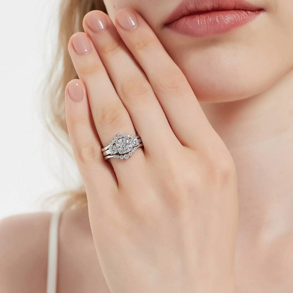 BERRICLE Sterling Silver 3-Stone Wedding & Engagement Ring Set - 2 Carat Cushion Cut Cubic Zirconia CZ Wishbone Design for Women, Rhodium Plated Size 4-10 - Perfect for Proposals, Anniversaries & Special Occasions