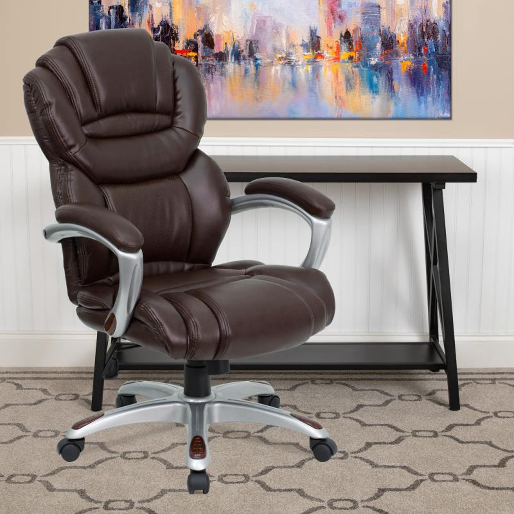 Premium High Back Leather Executive Office Chair with Padded Loop Arms - Ergonomic Design for Comfort & Support - Ideal for Home Office, Conference Rooms & Corporate Settings - Brown