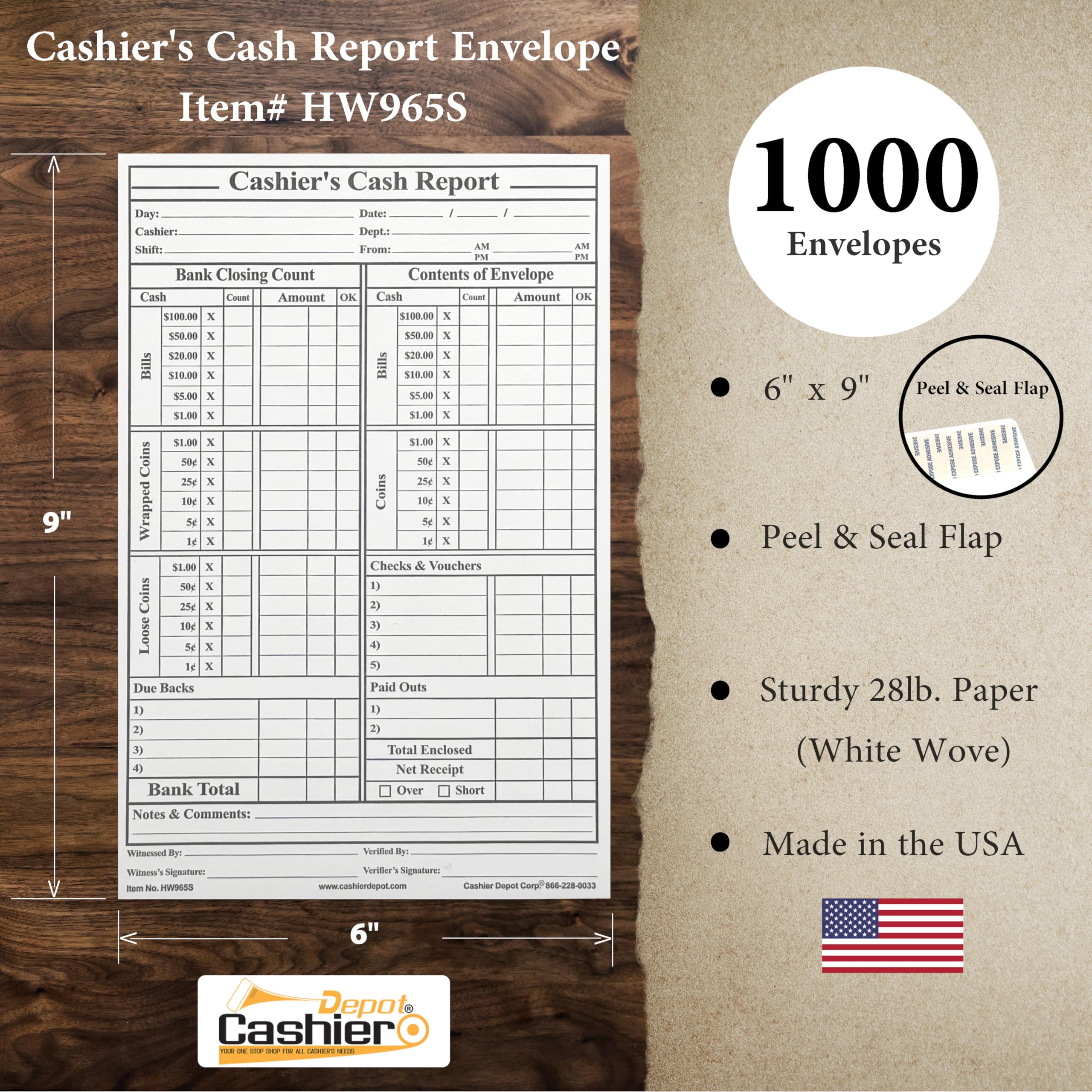 1000 Premium 28lb White Cashier's Cash Report Envelopes 6