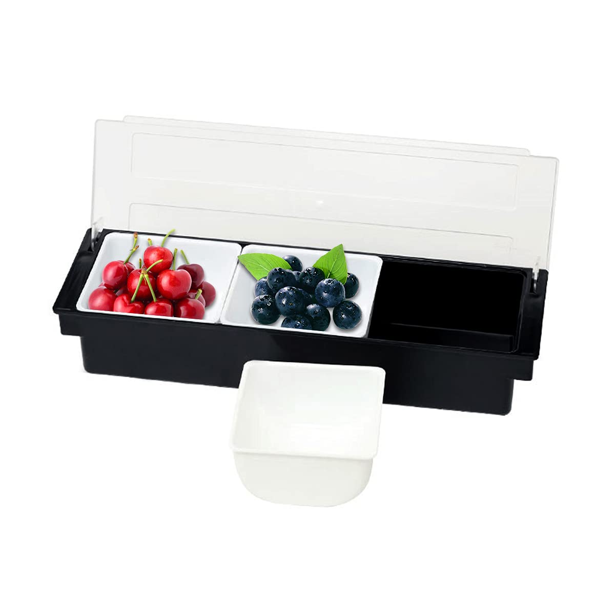 Black Plastic Condiment Dispenser with Transparent Lid - 3 Compartment Kitchen Storage Box for Fruits, Seasonings, and Snacks - Perfect for Home, Kitchen, and Bar Organization