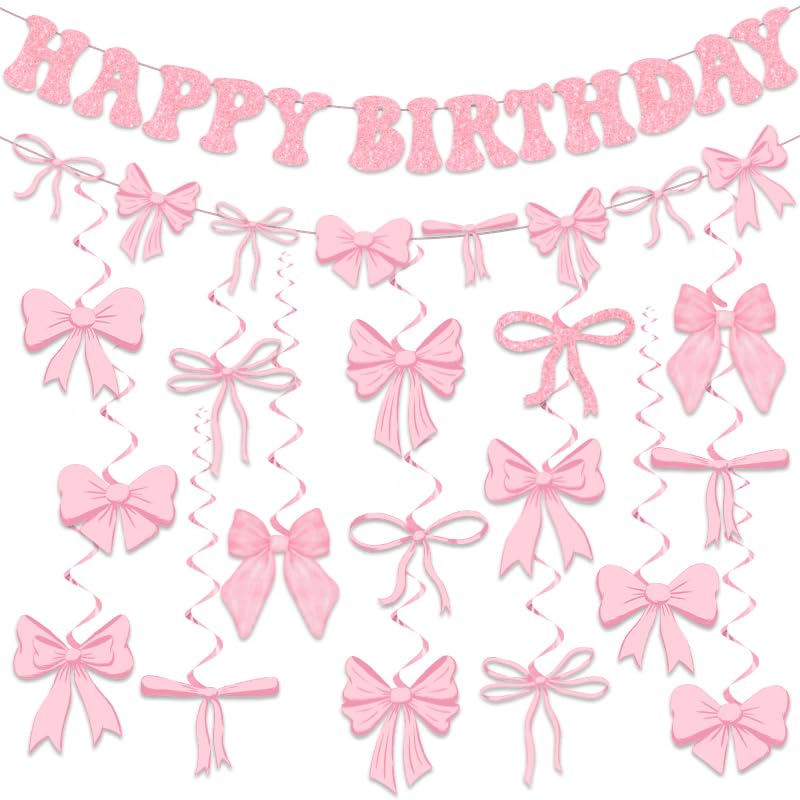 Pink Bow Birthday Party Decorations Set - Includes Happy Birthday Banner & Garland Hanging Swirls - Perfect for Girls Birthday, Baby Shower & Bridal Showers - Elegant Coquette Theme Party Supplies for Wall & Ceiling Decor