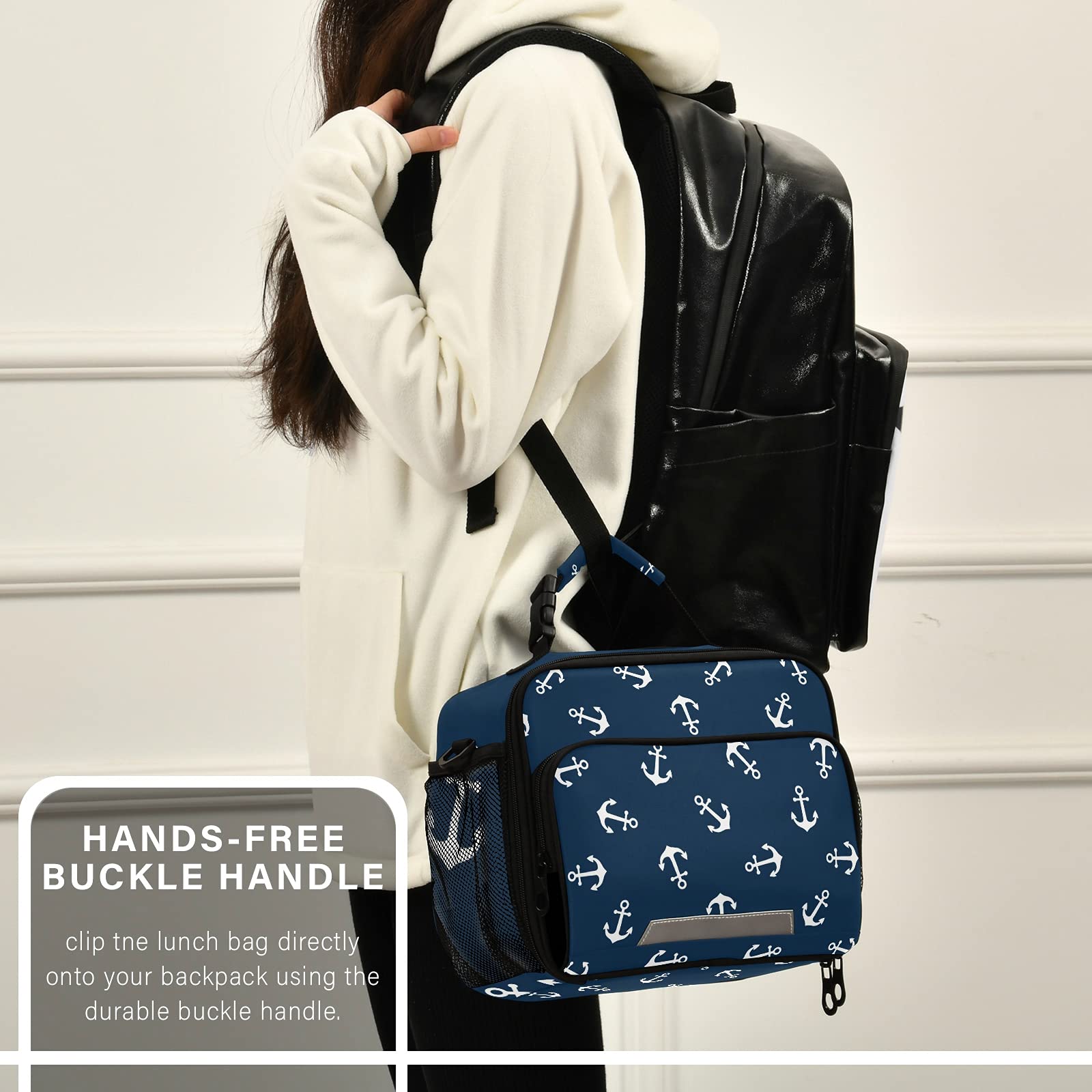 Insulated Blue Lunch Box with White Anchor Design - Reusable Cooler Lunch Bag for Women, Men, Kids - Perfect for School, Work, Picnic & Outdoor Activities