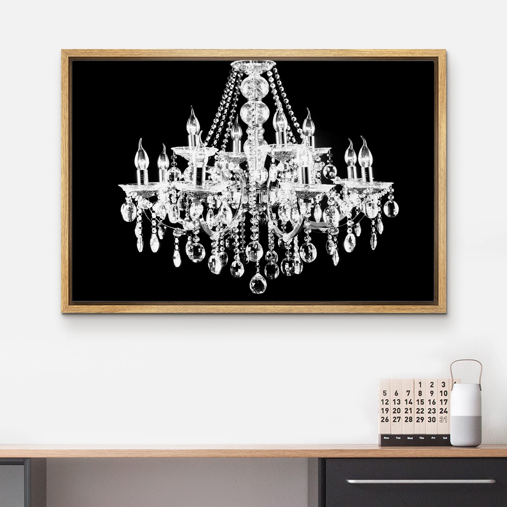 Black & White Chandelier Silhouette Canvas Wall Art - Modern Framed Digital Print for Living Room, Bedroom, Office Decor - 16x24 Inches Natural Wood Frame - Perfect for Relaxation & Chic Home Styling
