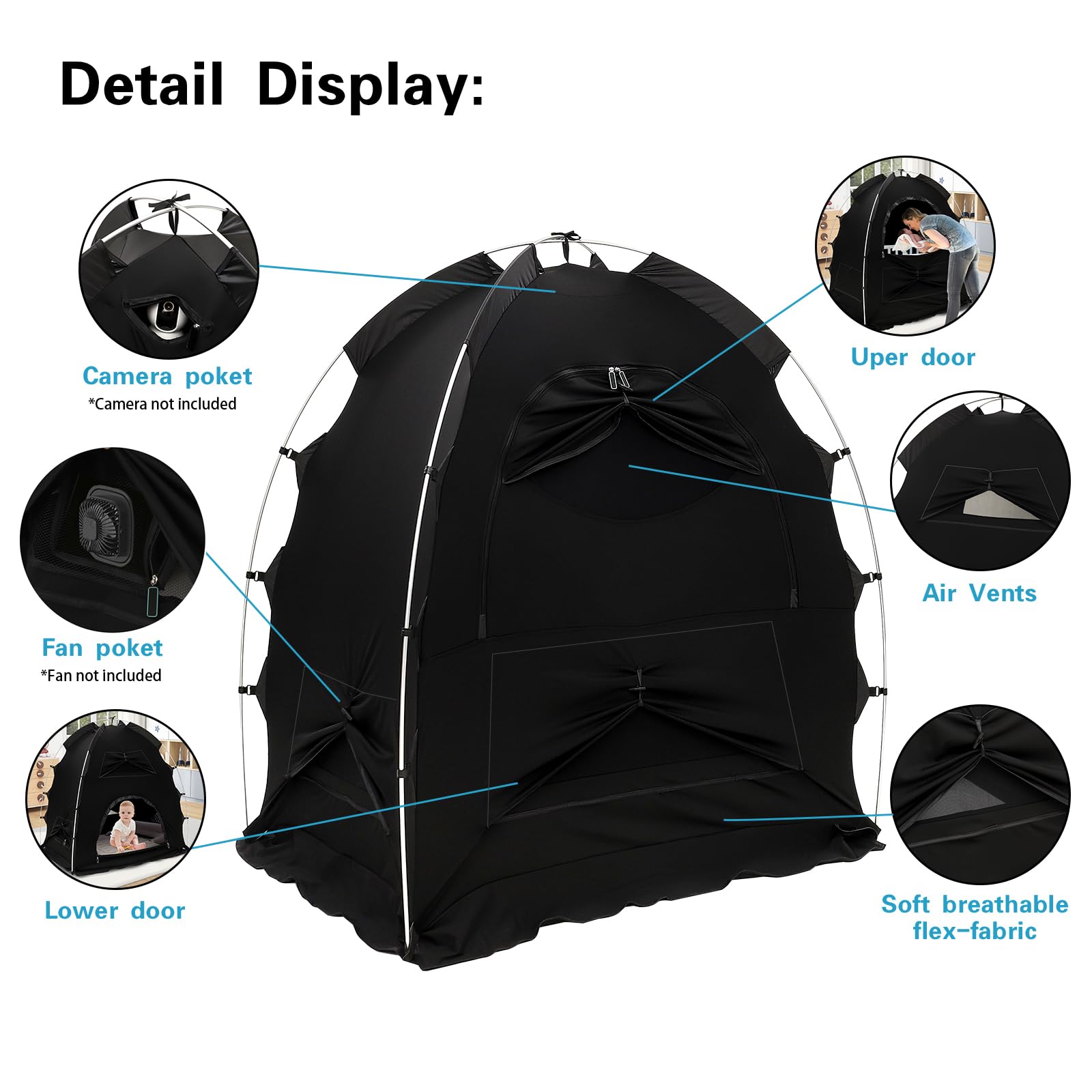Blackout Sleep Tent for Mini Crib & Pack N Play - 95% Light Blocking Portable Baby Canopy Cover | Nursery, Travel & Indoor Play Tent (Black)