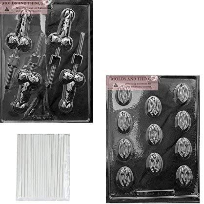 Medium Pecker Pop Penis & Bite Size Ladies Chocolate Candy Mold Set - Adult Novelty Baking Supplies with Copyrighted Molding Instructions + 25 Sticks - Perfect for Bachelorette Parties, Adult Gag Gifts, and Edible Dessert Decorations