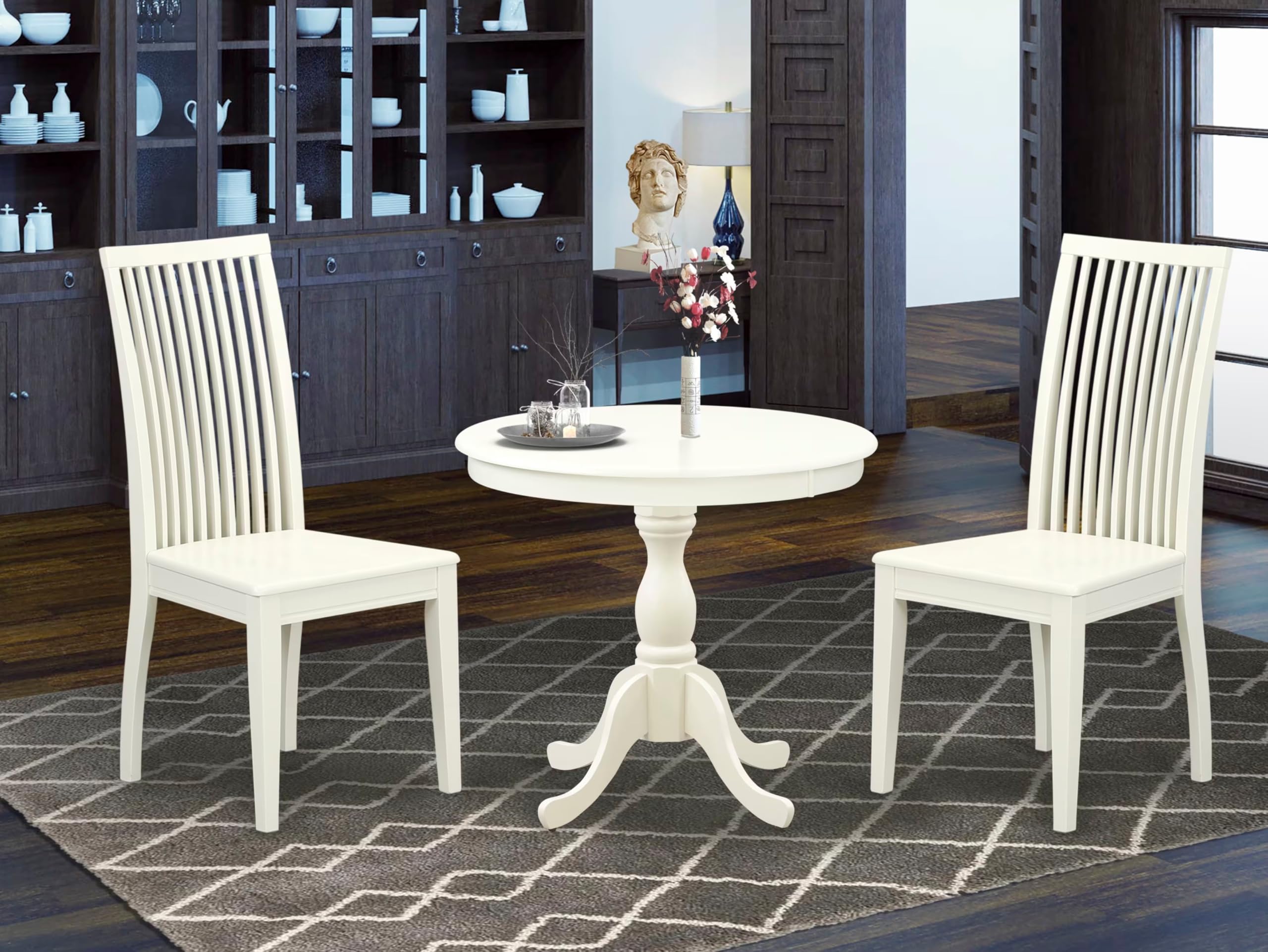 East West Furniture AMIP3-LWH-W 3 Piece Round Dining Table Set with Pedestal Base & 2 Chairs, 36x36 Inch, Linen White - Perfect for Small Kitchens, Breakfast Nooks & Cozy Dining Spaces