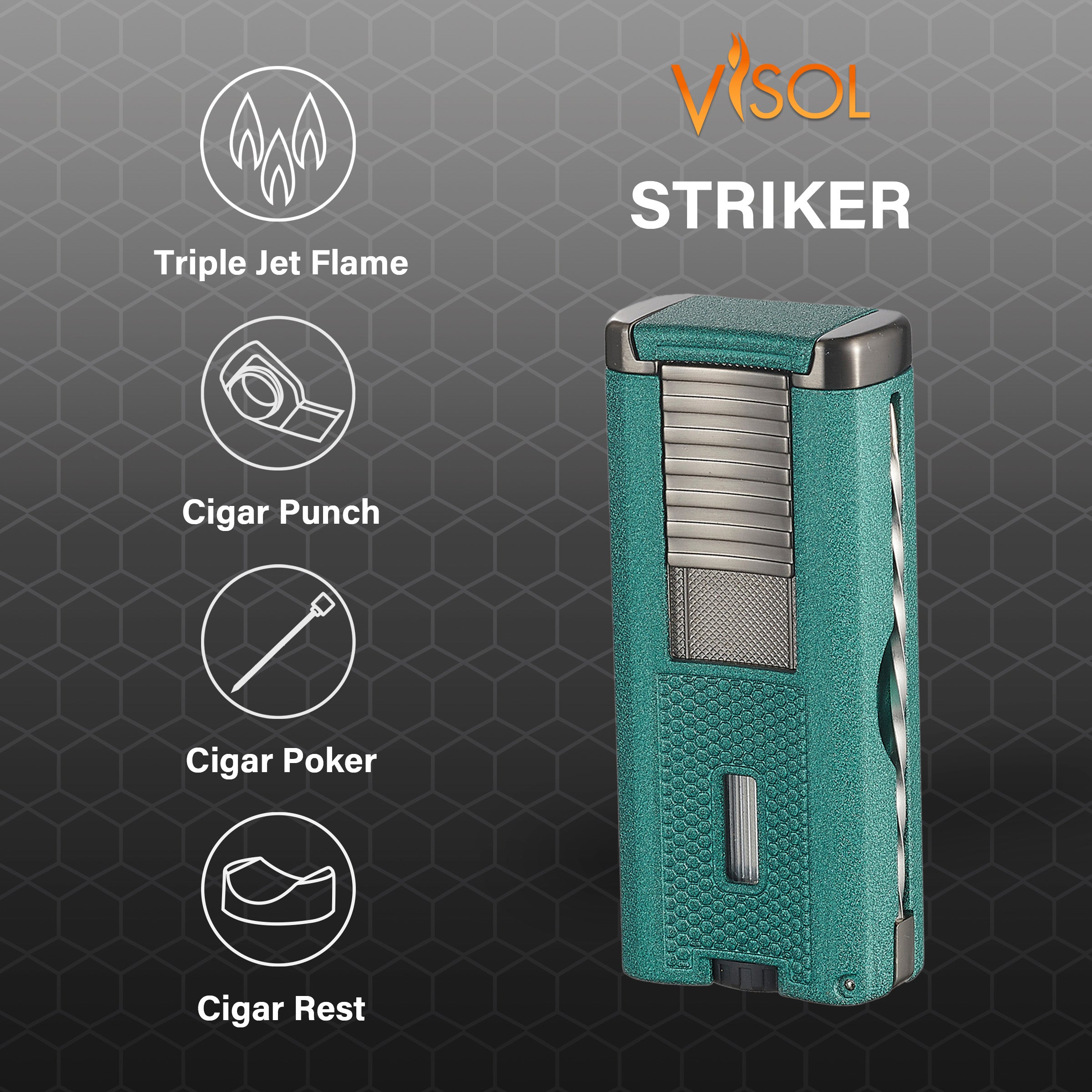 Visol Striker Triple Torch Flame Lighter with Cigar Poker - Windproof Refillable Butane Lighter for Cigars, Cigarettes & Outdoor Use (Green) - Perfect for Camping, BBQ & Survival Gear