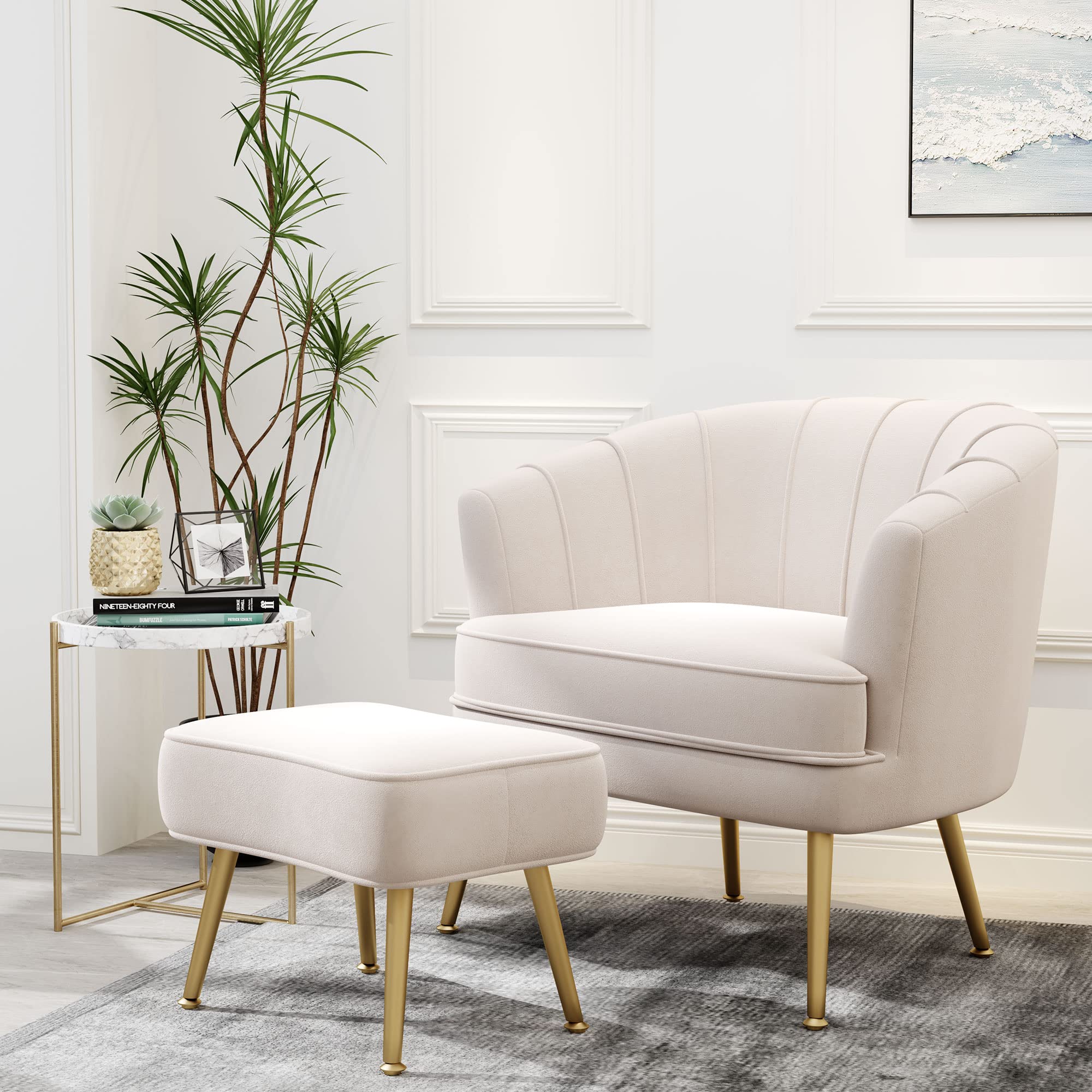 Andeworld Velvet Accent Chair with Ottoman - Modern Upholstered Barrel Club Armchair with Golden Metal Legs, Comfortable Living Room Side Chair for Bedroom, Office, Reading Nook - Beige Velvet Sofa | Perfect for Small Spaces, Lounge Areas & Home Decor