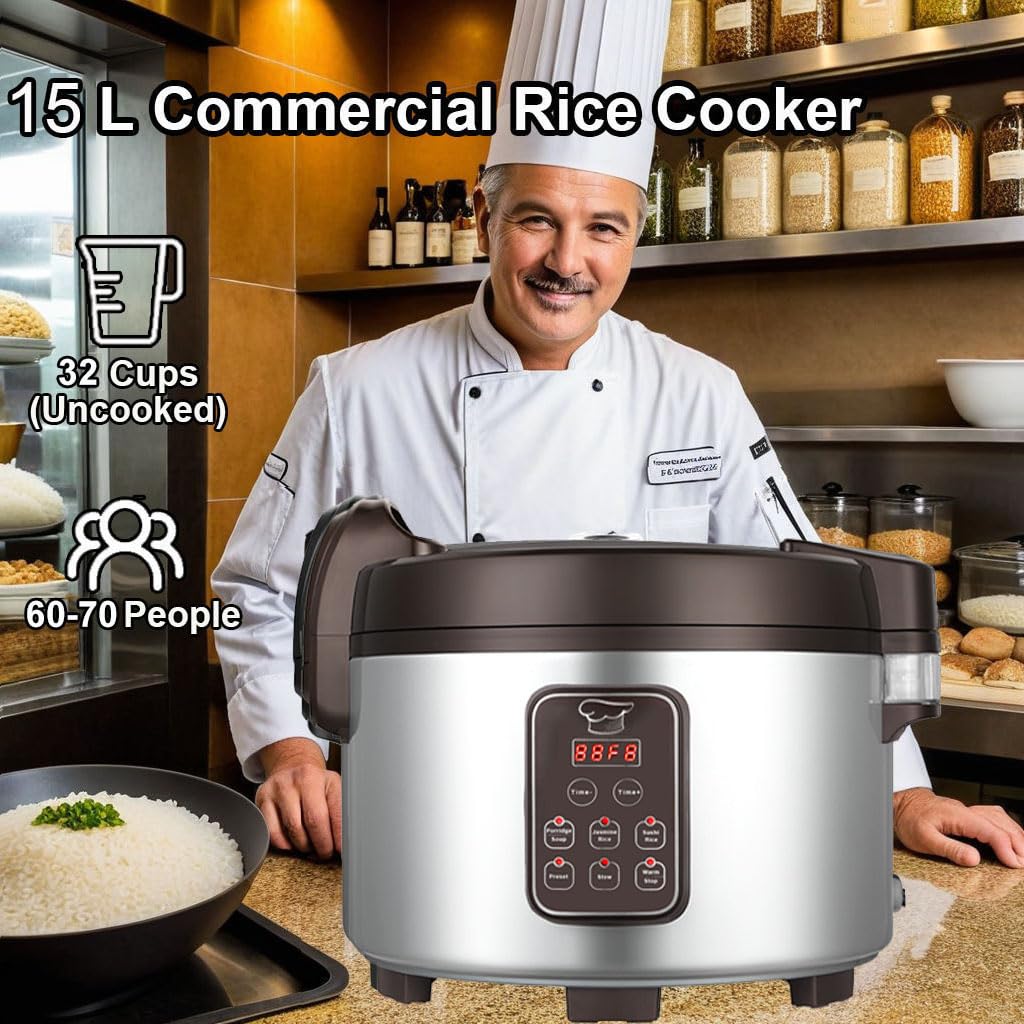 15L Commercial Rice Cooker & Warmer - 84 Cups Cooked (15.8 QT) Large Smart Rice Cooker with 6 Cooking Functions, 24-Hour Delay Timer, LED Display & Auto Keep Warm | Non-Stick Inner Pot | Perfect for Restaurants, Catering & Large Family Gatherings