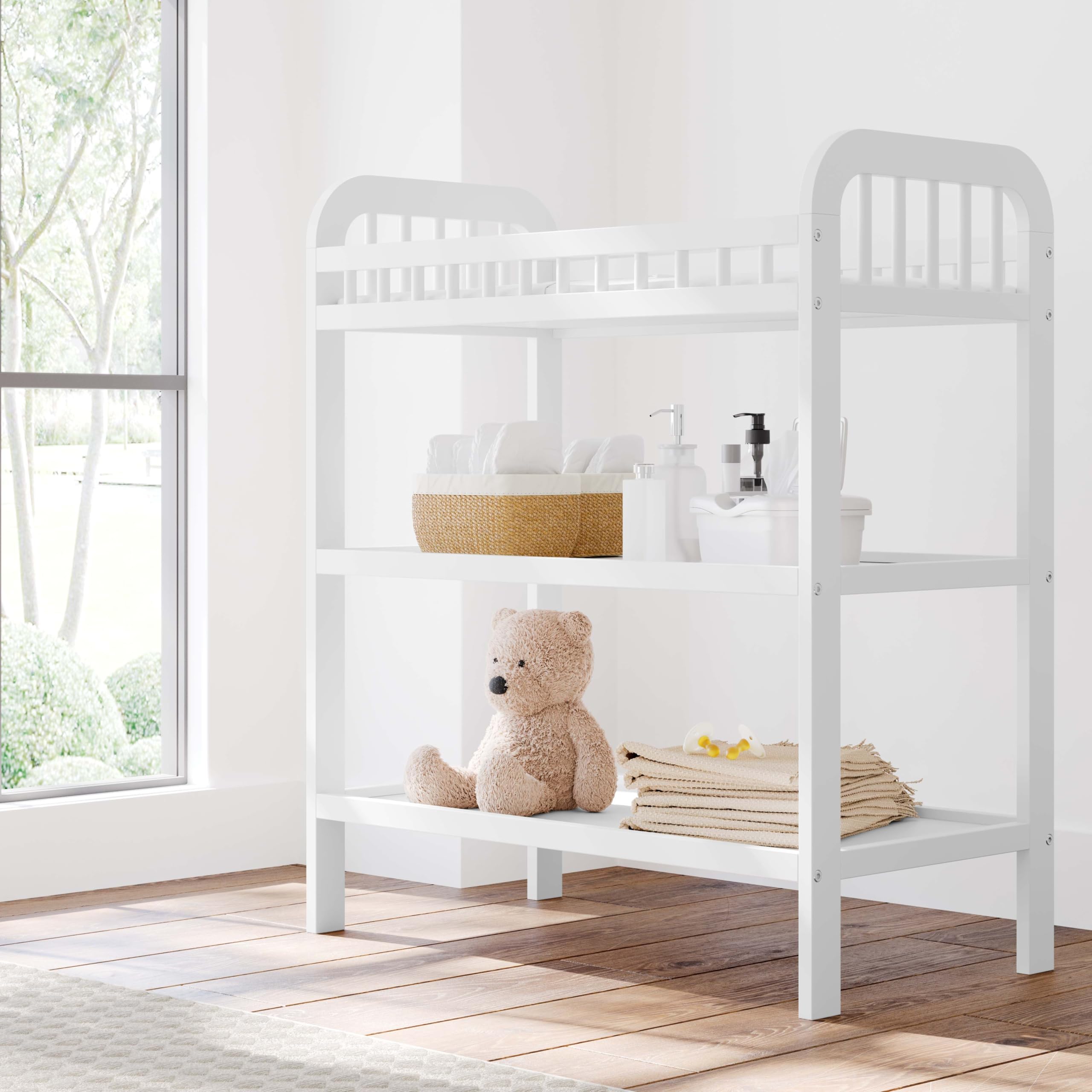 Storkcraft Pasadena White Changing Table with Water-Resistant Pad - GREENGUARD Gold Certified Baby Nursery Furniture, 2 Open Shelves & Safety Strap | Perfect for Diaper Changing, Baby Care Organization in Nursery Rooms
