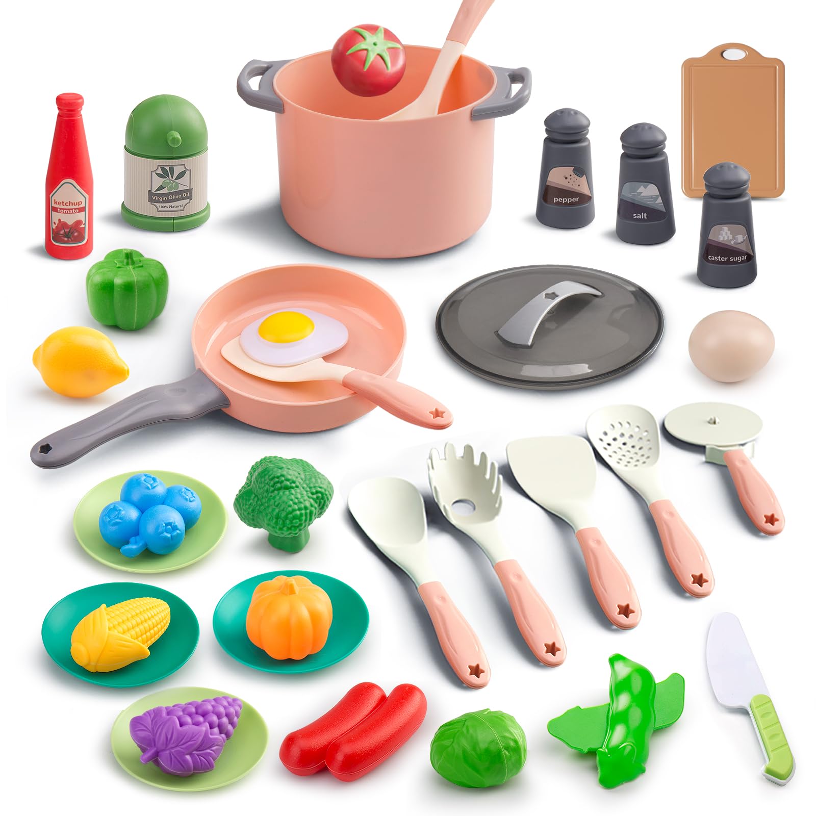 35Pcs Kids Kitchen Toy Accessories Set - Pretend Play Cooking Toys with Pots, Pans, Utensils & Play Food - Educational Toy Vegetables for Toddlers - Perfect Learning Gift for Boys & Girls (Pink) - Great for Role Play, Preschool Learning & Birthday Gifts