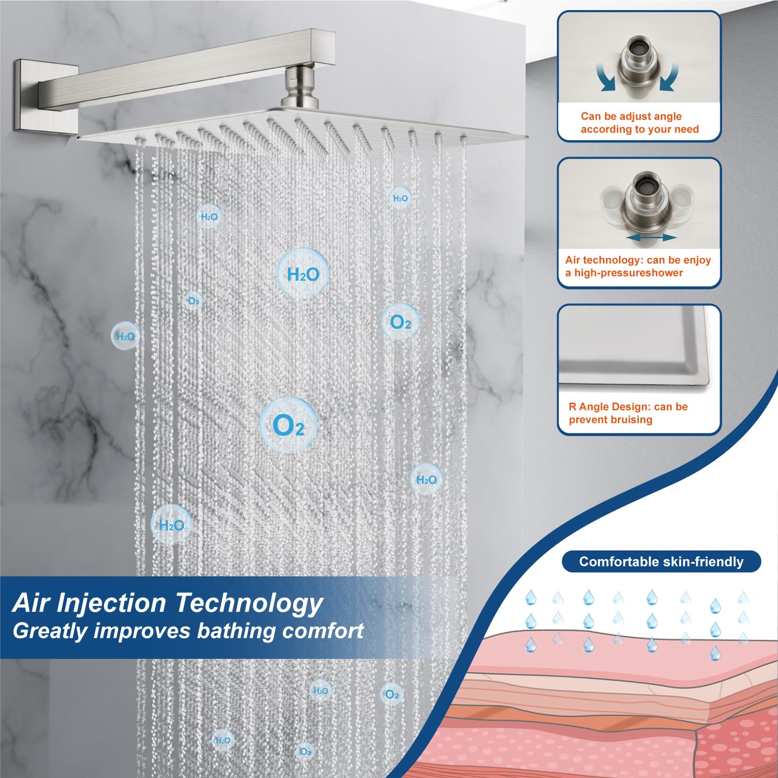Midanya 12 Inch Square Rainfall Shower System - Brushed Nickel Wall Mount Shower Faucet Set with Handheld Sprayer, Rough-in Valve & Trim Kit - Luxury Bathroom Mixer Shower Combo for Spa-like Experience