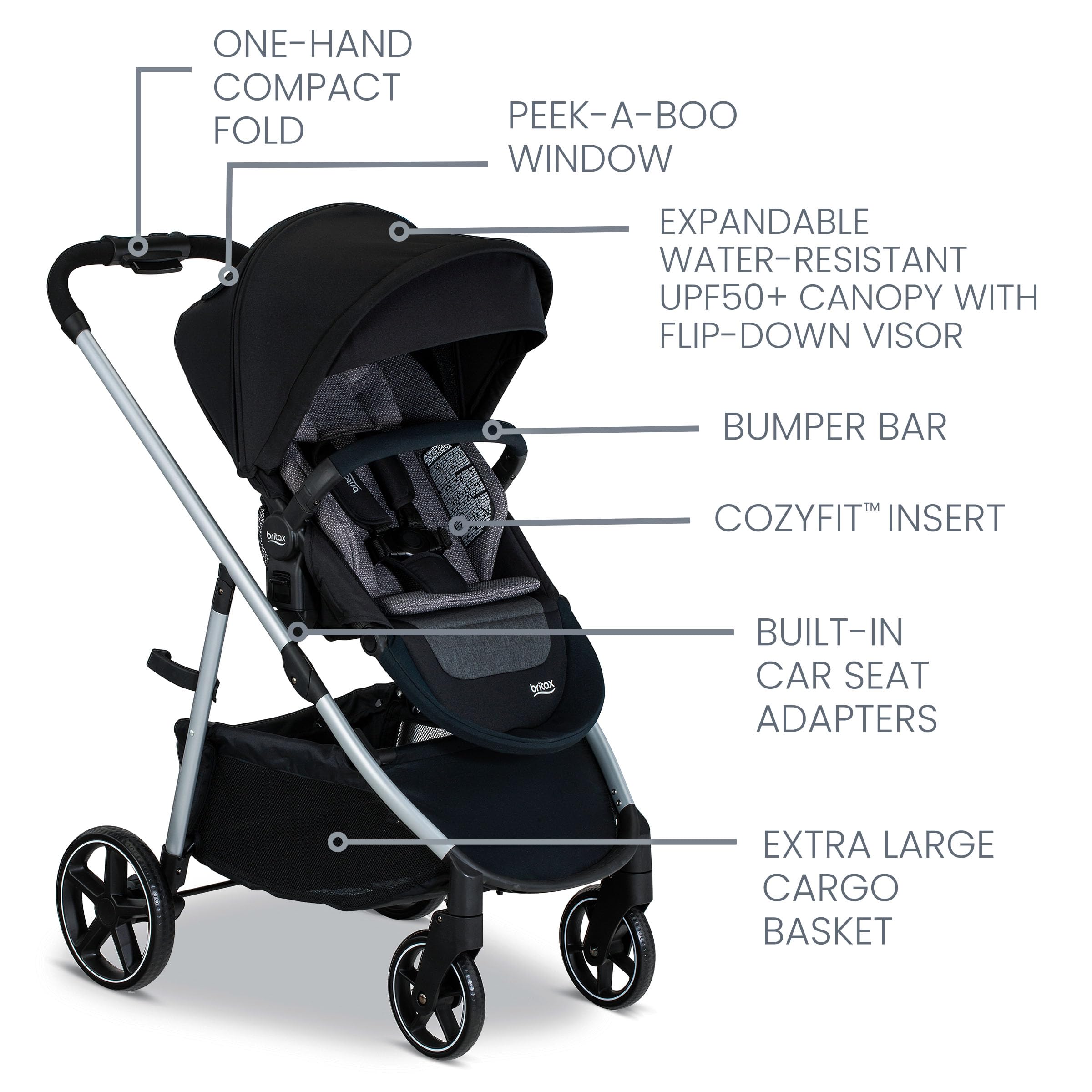 **Britax Grove™ Modular Stroller – Lightweight Travel Stroller with CozyFit™ Insert & Bumper Bar | 6 Riding Modes | SafeWash Fabric | Pindot Onyx Design | Perfect for City Walks, Travel & Everyday Use**